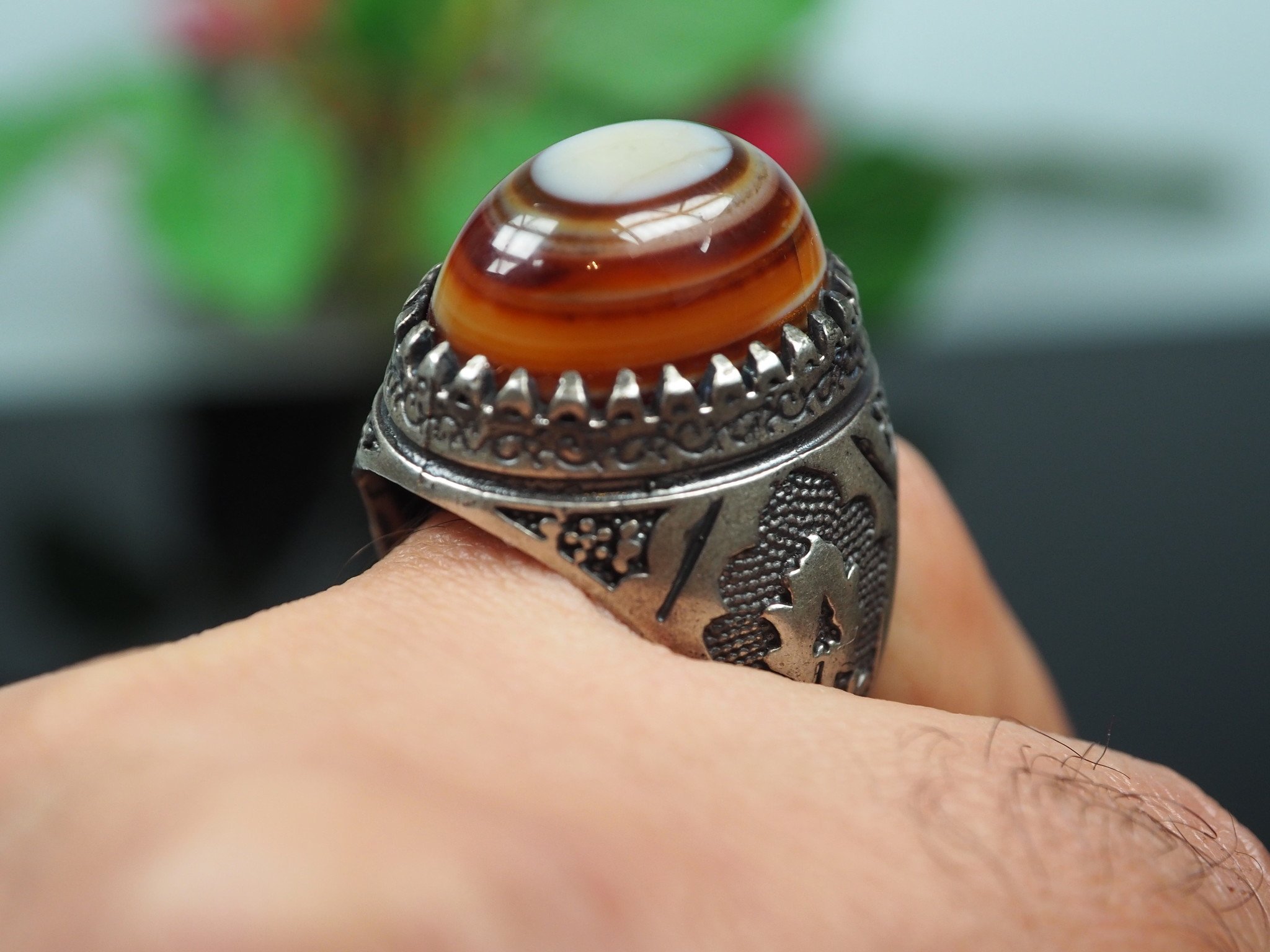 antique handmade Silver eye agate Carnelian stone turkmen statement AQEEQ ring from Afghanistan No:WL21/25