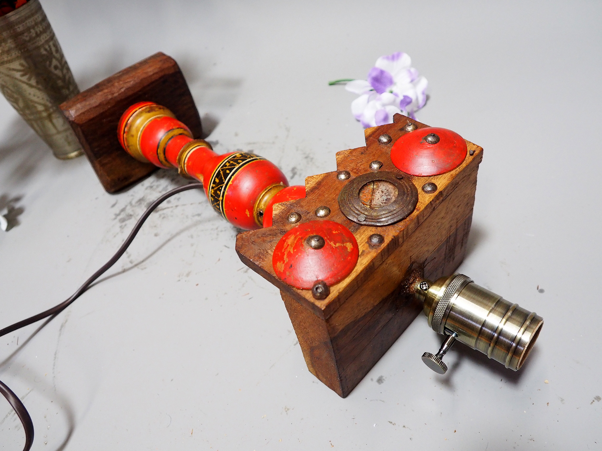 Antique handpainted stunning Vintage Lacquerware wooden Table Lamp with Vintage light fitting from Afghanistan / Pakistan No:21/5
