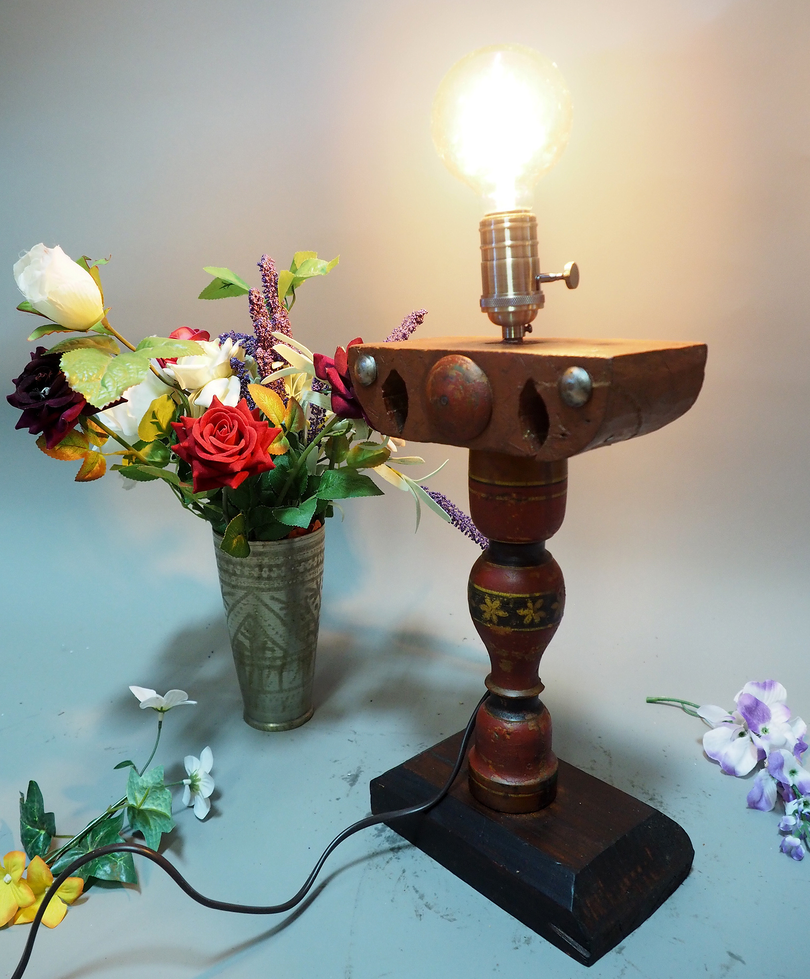 Antique handpainted stunning Vintage Lacquerware wooden Table Lamp with Vintage light fitting from Afghanistan / Pakistan No:21/7