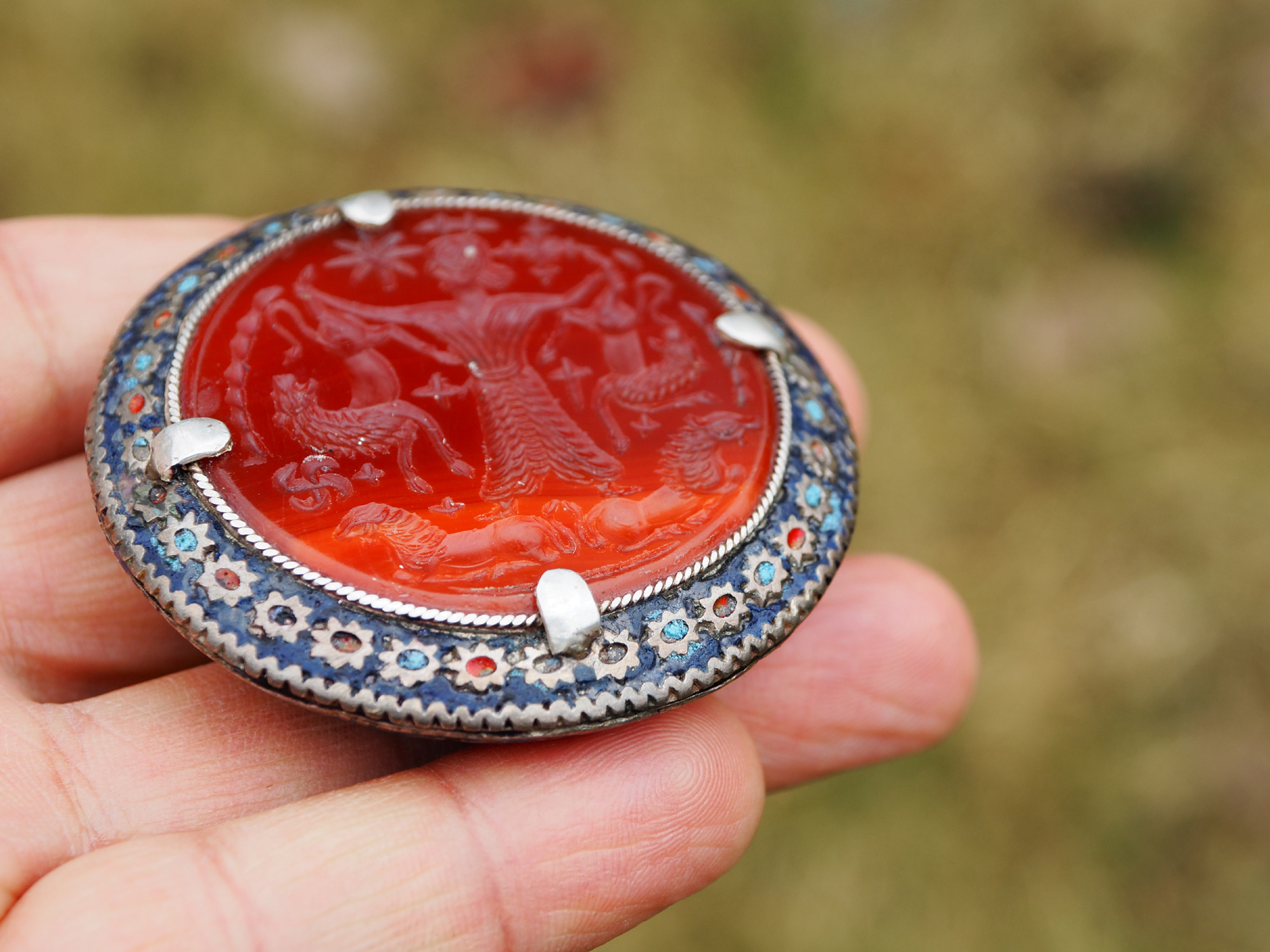 antique enamelled Multan Sindhi Jewellery Ring  carnelian seal stone No:WL21 -E