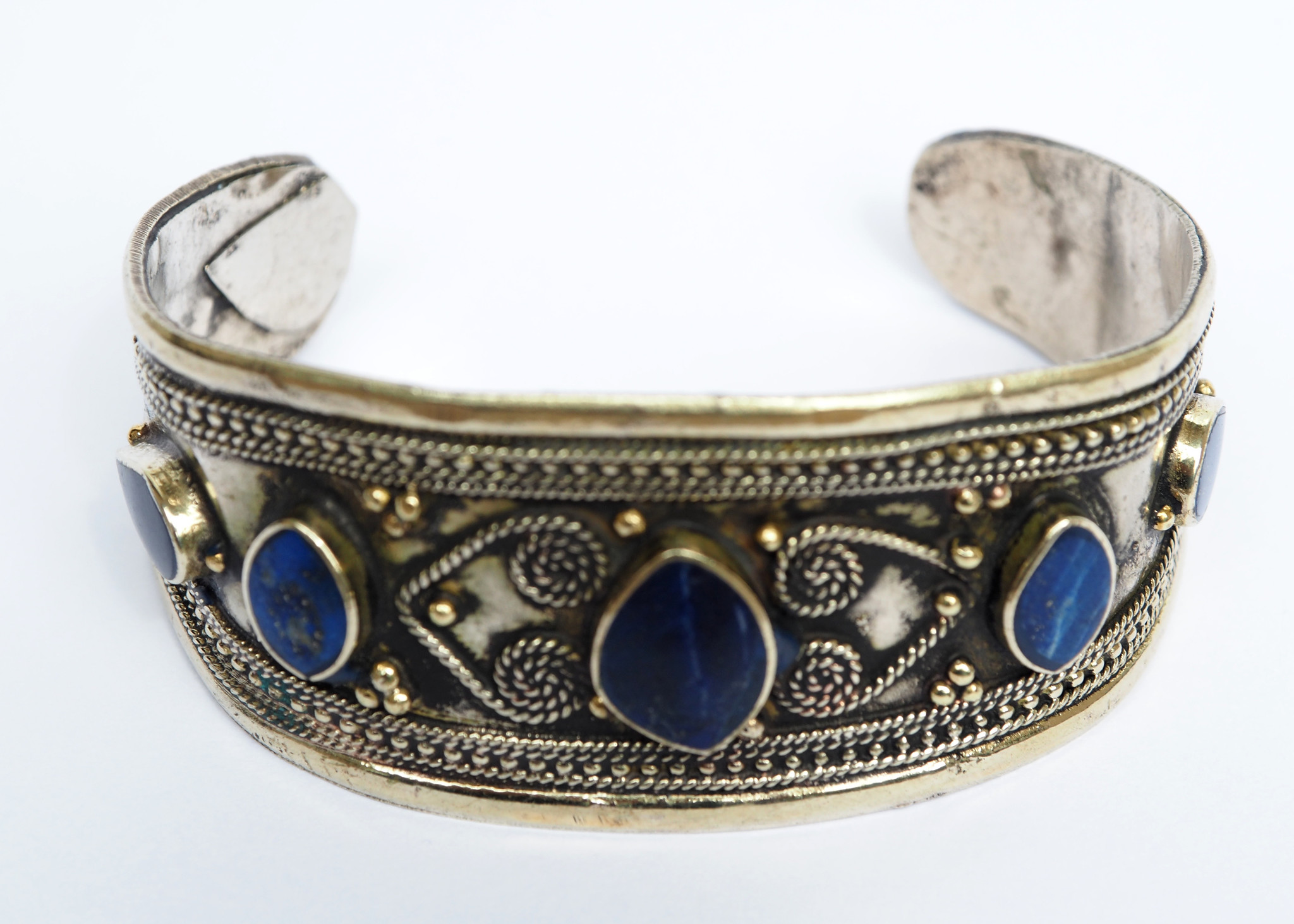 Lapis Bracelet, Afghan, Kuchi Jewelry, Silver Cuff, Brass, Mixed Metal, Vintage No:ALP-1