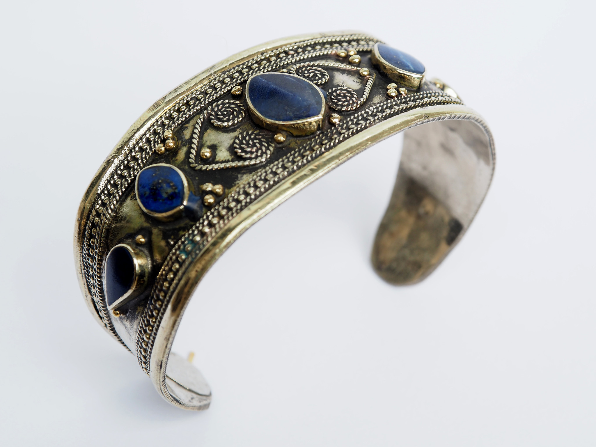 Lapis Bracelet, Afghan, Kuchi Jewelry, Silver Cuff, Brass, Mixed Metal 