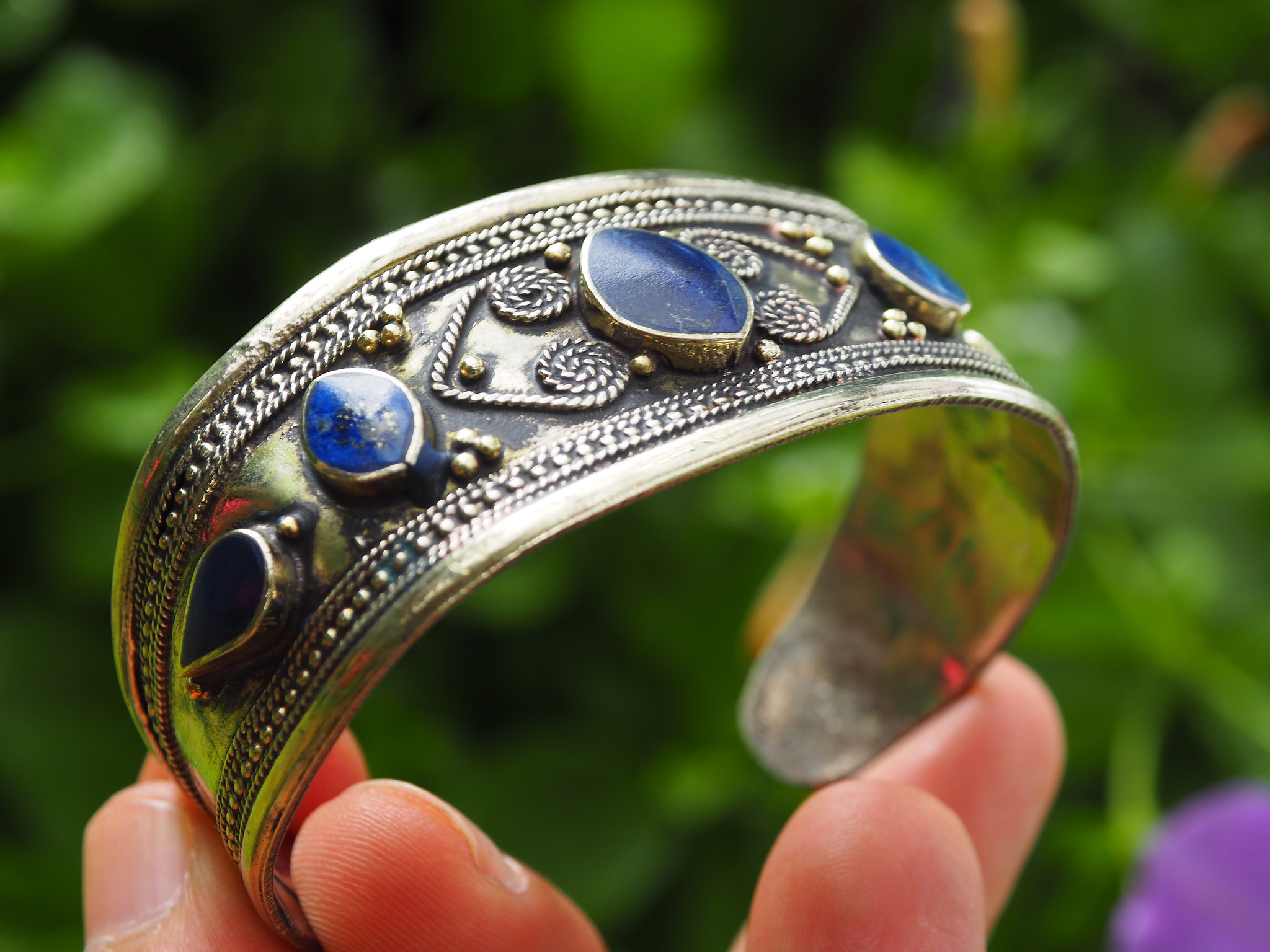 Lapis Bracelet, Afghan, Kuchi Jewelry, Silver Cuff, Brass, Mixed Metal, Vintage No:ALP-1