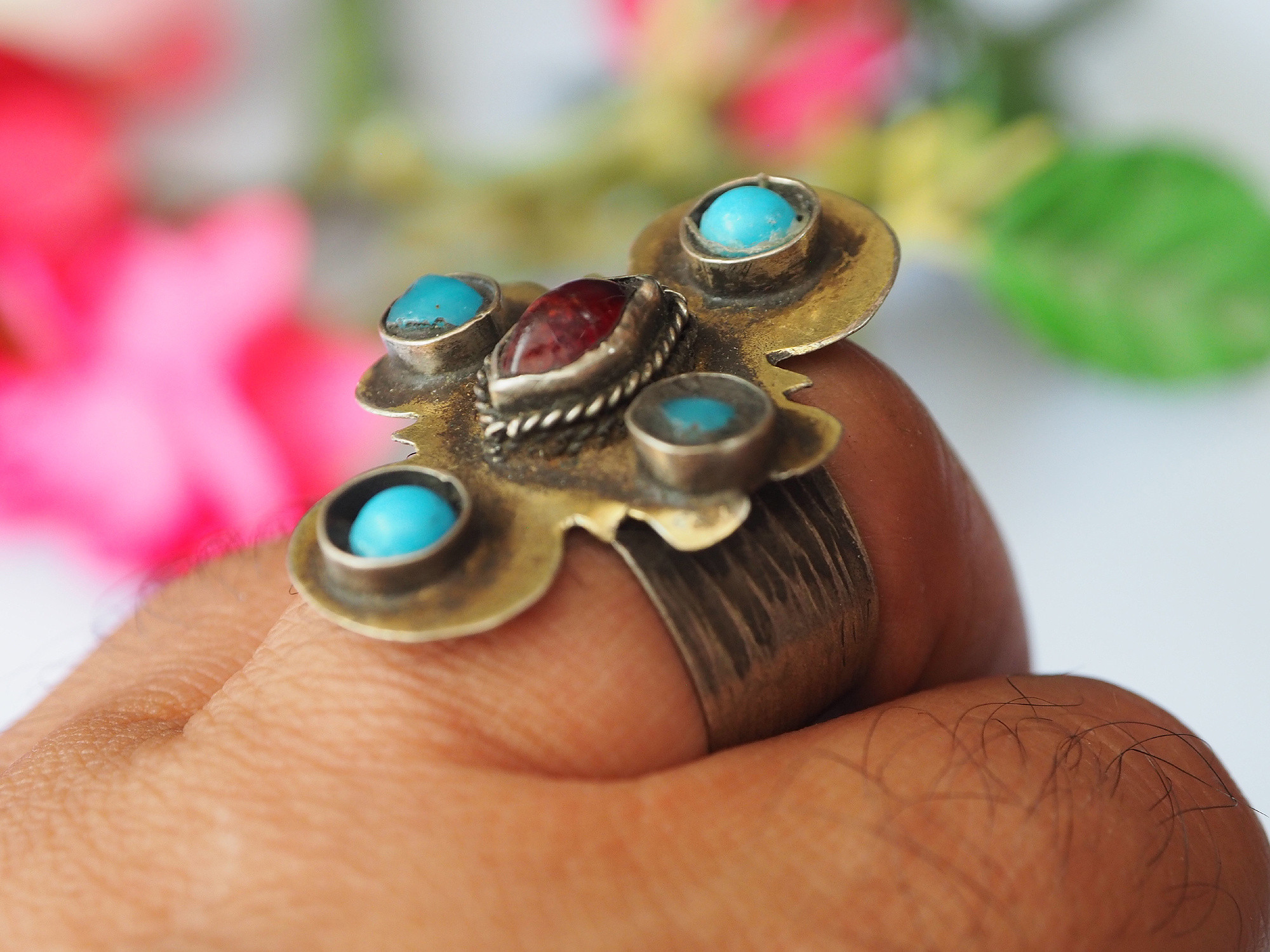 Turkmen Women's turquoise ring with gold plating  No: 472