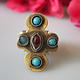 Turkmen Women's turquoise ring with gold plating  No: 472