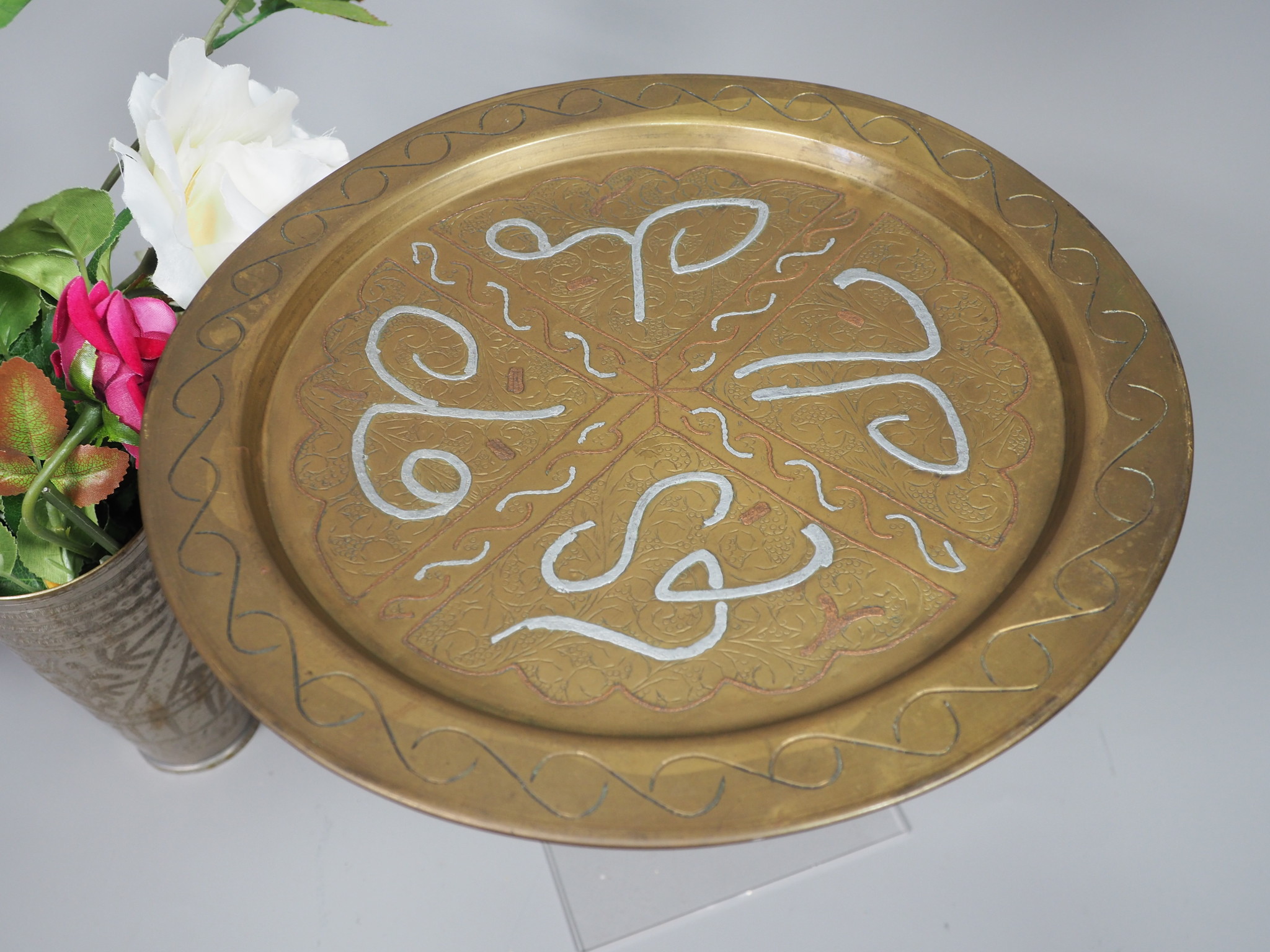 30 cm Ø antik osmanisch ägyptisch Mamluk Cairoware orient Messing tablett  syrien arabische  kalligraphie  K14