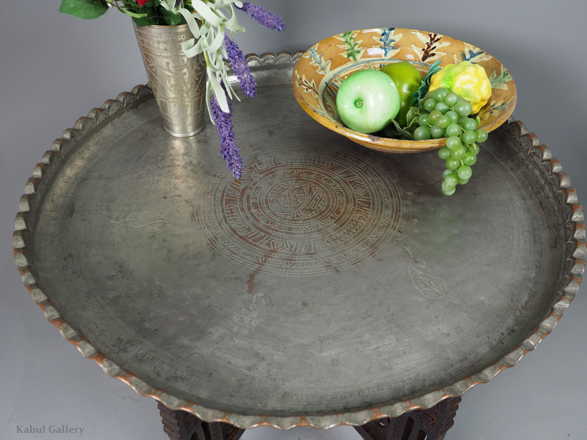 64 cm Ø  Antique ottoman orient Islamic  Hammer Engraved Brass table Tea table side table Tray from Afghanistan  No-1