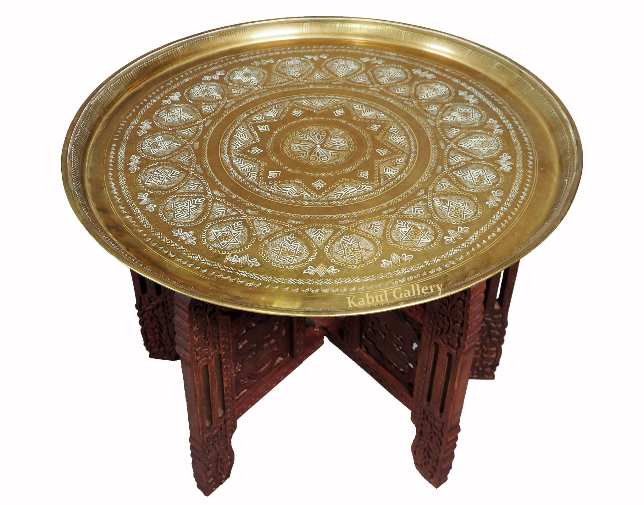 58  cm Ø  Antique ottoman orient Islamic  Hammer Engraved Brass table Tea table side table Tray from Afghanistan  No-HH - 6