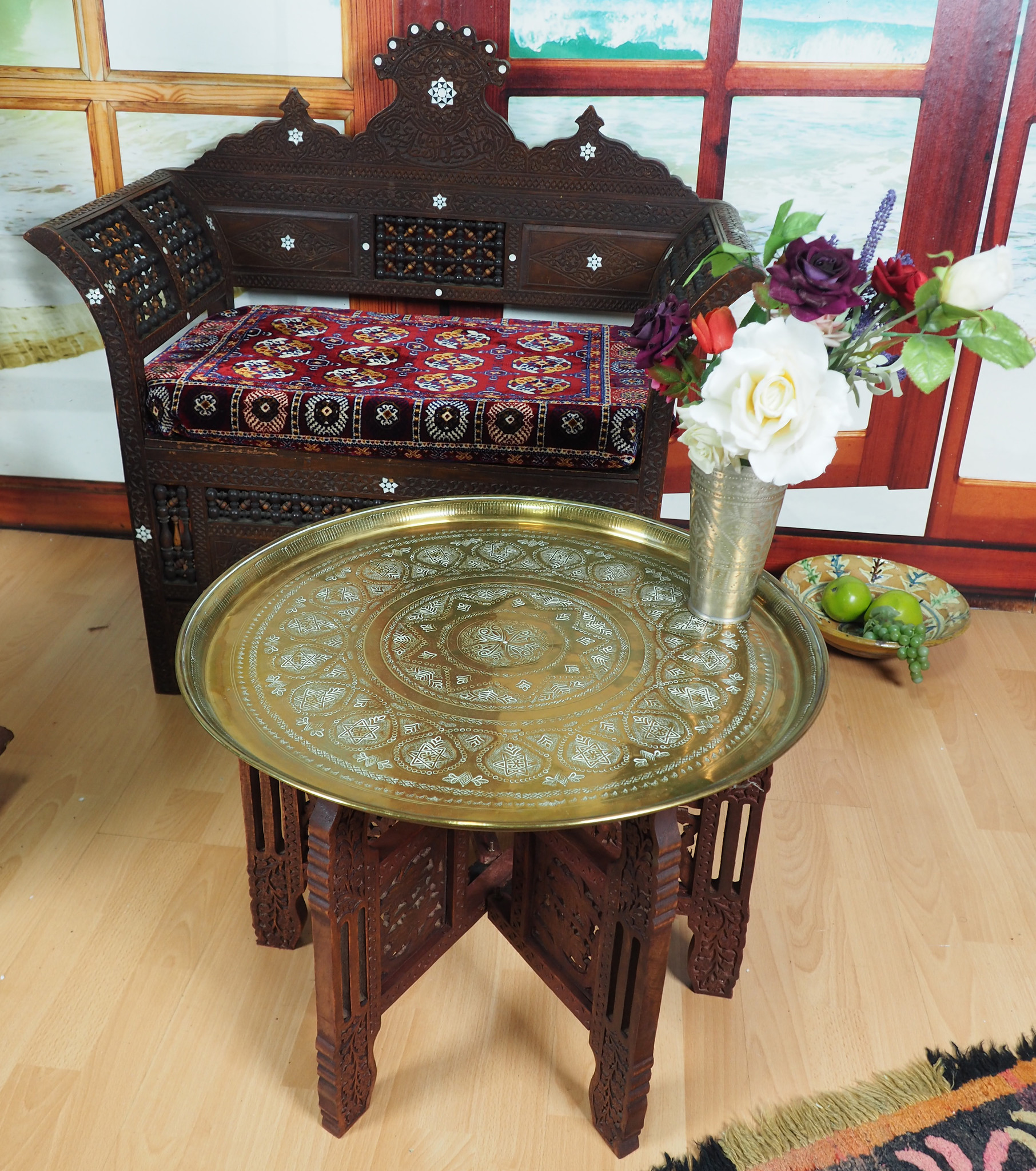 58  cm Ø  Antique ottoman orient Islamic  Hammer Engraved Brass table Tea table side table Tray from Afghanistan  No-HH - 6