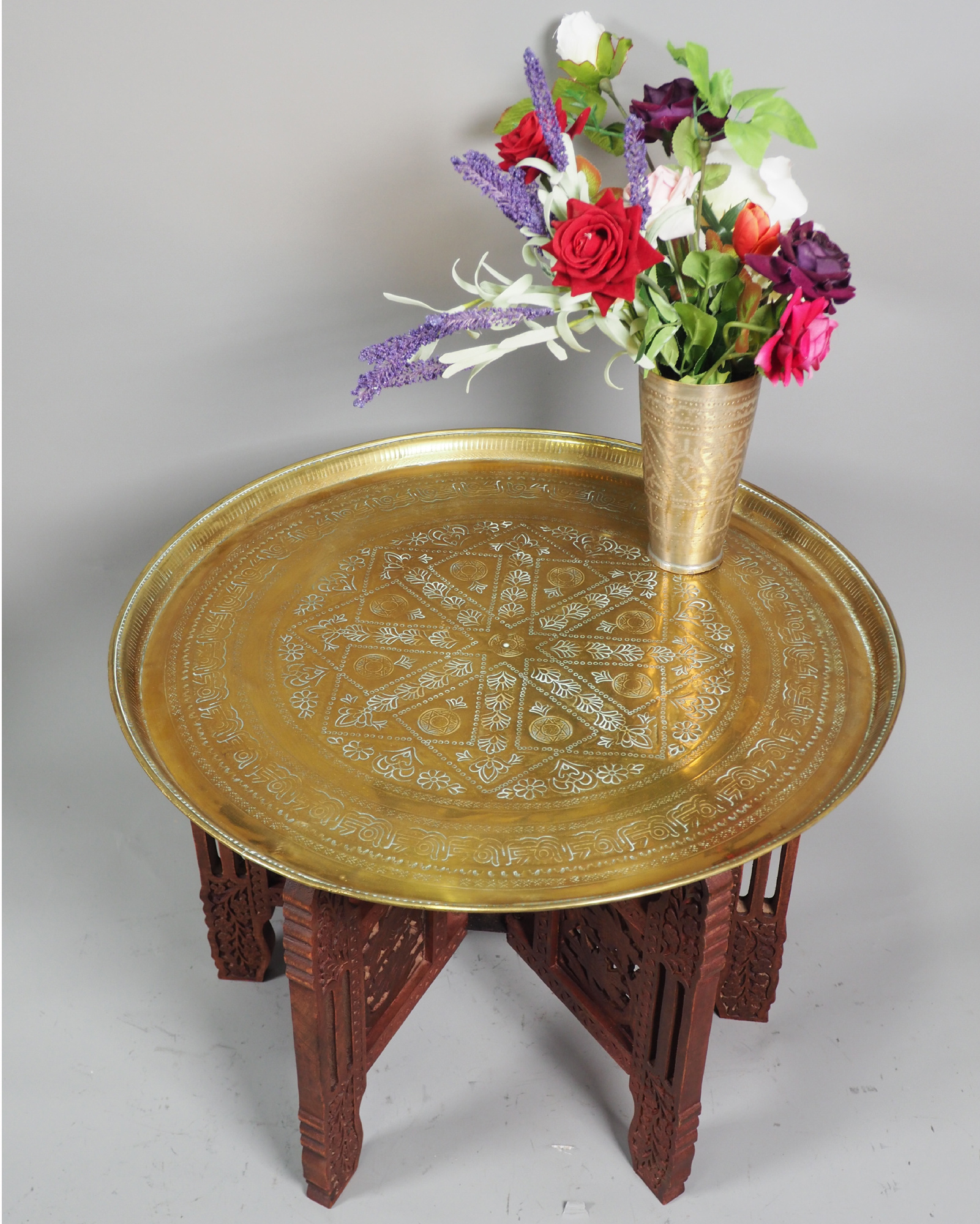 58 cm Ø  Antique ottoman orient Islamic  Hammer Engraved Brass table Tea table side table Tray from Afghanistan  No-HH - 7