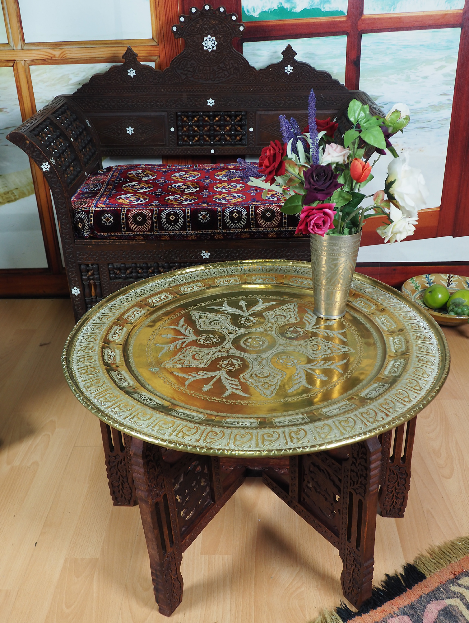 67  cm Ø  Antique ottoman orient Islamic  Hammer Engraved Brass table Tea table side table Tray from Afghanistan  No-HH - 10