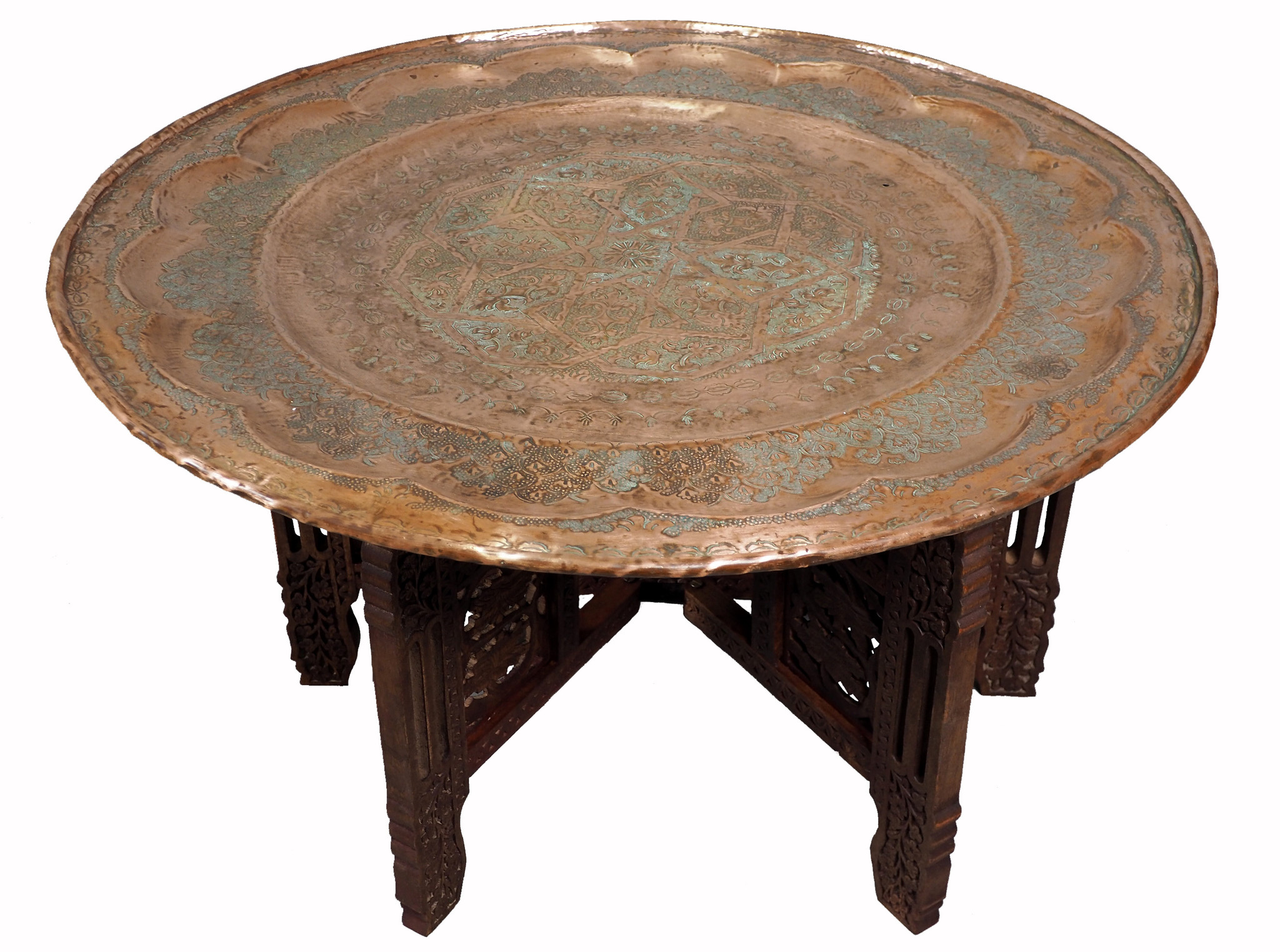 76  cm Ø  Antique ottoman orient Islamic  Hammer Engraved copper table Tea table side table Tray from Afghanistan  No-HH12