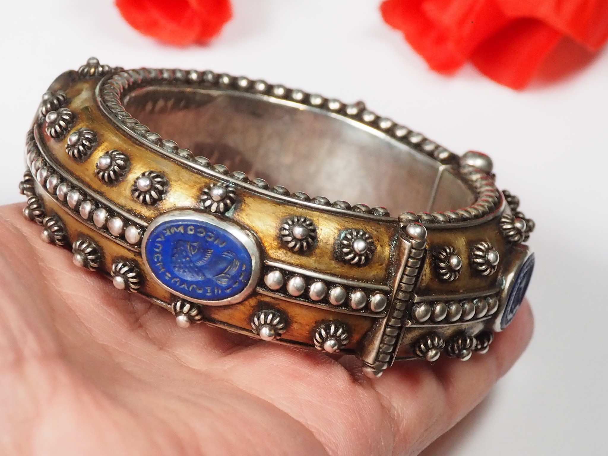 Lapis Bracelet, Afghan, Kuchi Jewelry, Silver Cuff, Brass, Mixed Metal 