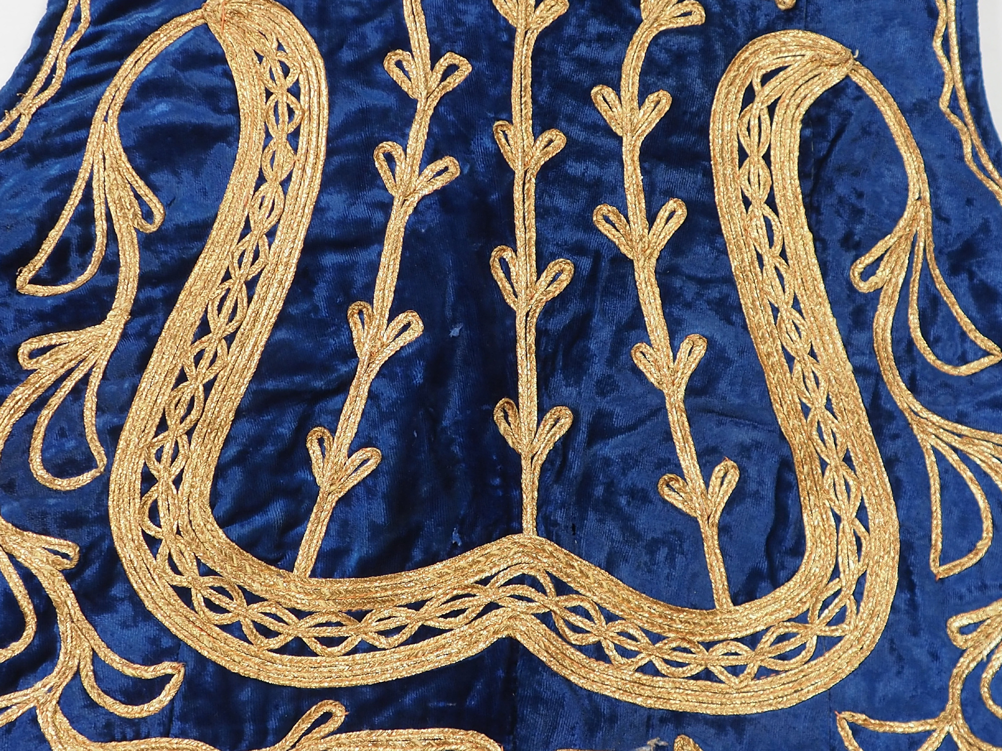 Antique Hazara Womens velvet gown, adorned with couched gold thread vest.