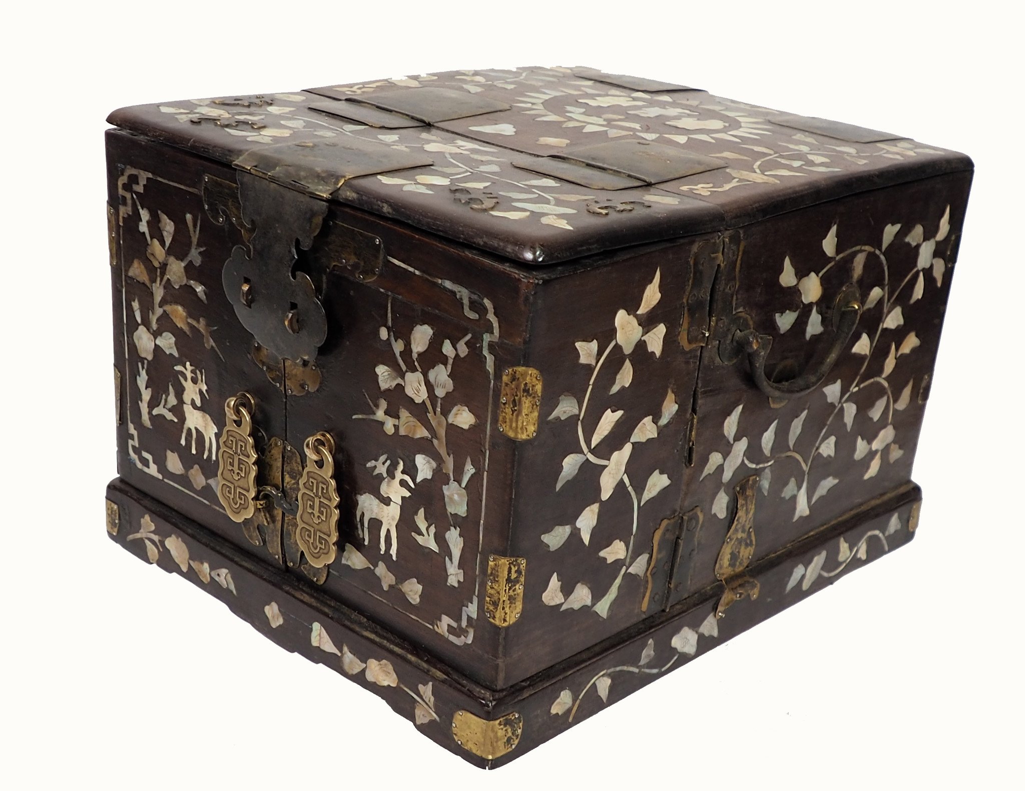 Beautiful Antique Chinese Jewellery Box with Mirror and Mother of Pearl Inlay Rosewood Dressing Case 19th century