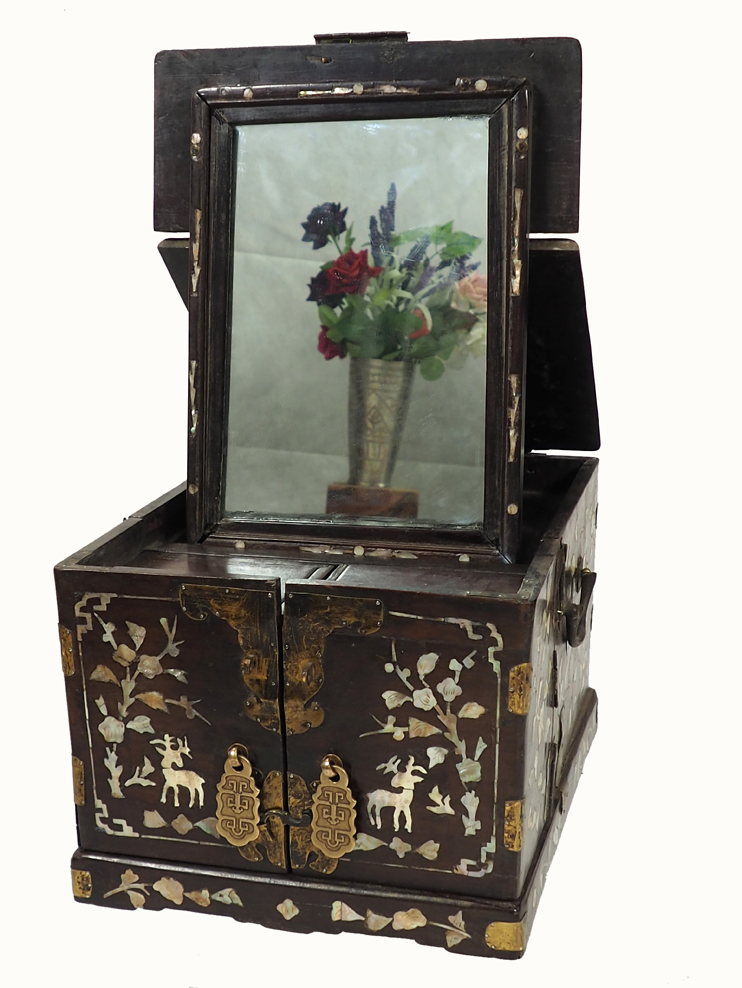 Beautiful Antique Chinese Jewellery Box with Mirror and Mother of Pearl Inlay Rosewood Dressing Case 19th century