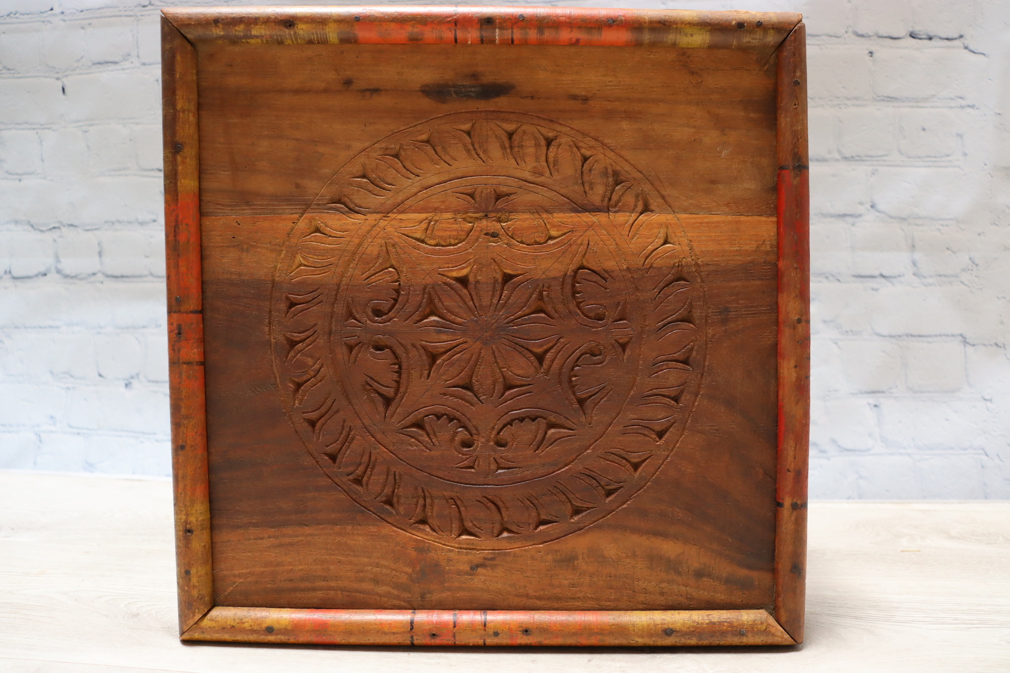 40x40 cm Antik Massivholz handgeschnitzte orient Teetisch beisteltisch Tisch Hocker Messing verziert aus Afghanistan Nr- 22/1