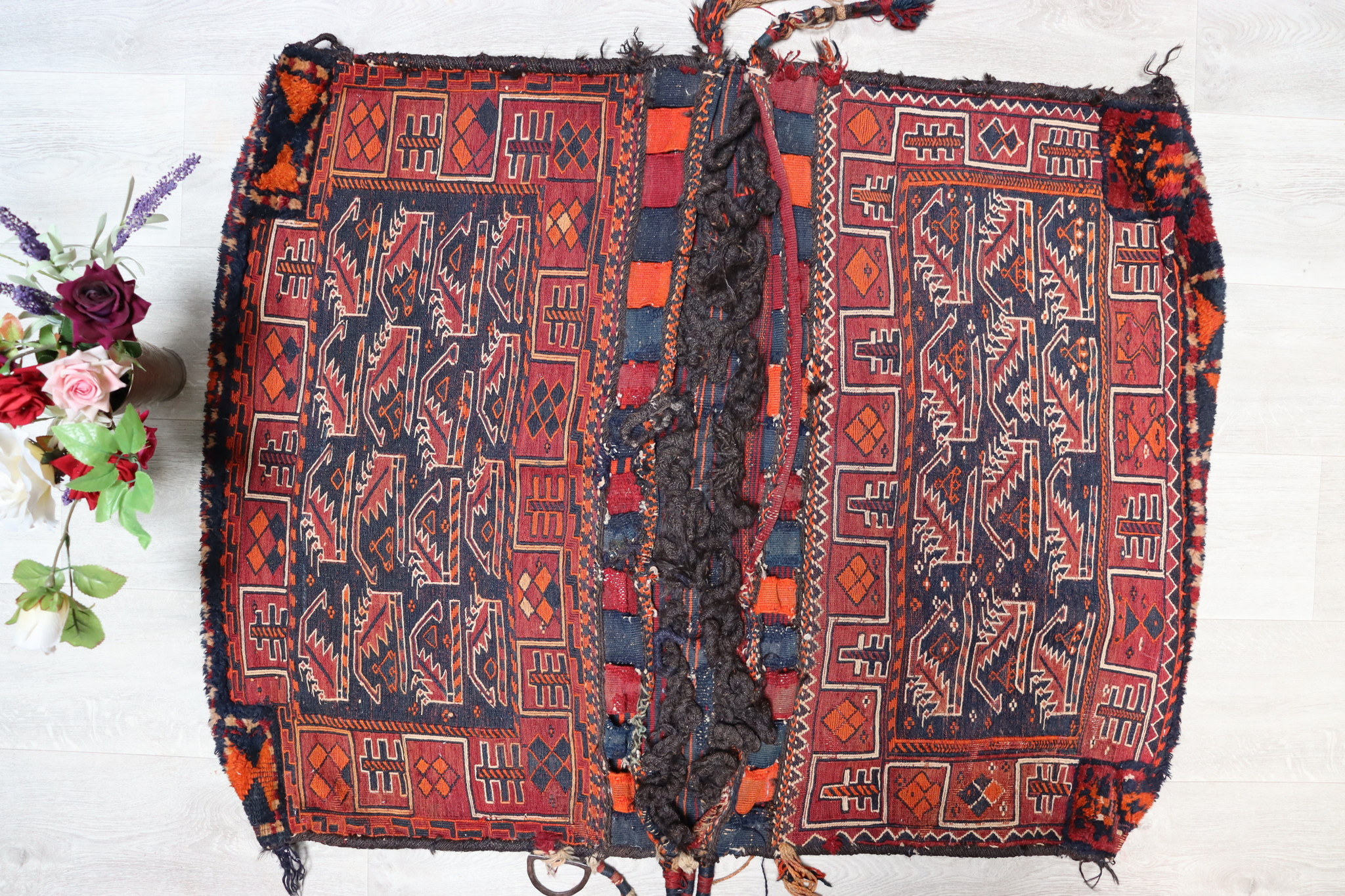 115x92 cm Antik orient Afshar Sumakh Khorjin mafrash Teppich nomaden cushion Doppeltasche Satteltasche Torba Afghanistan Nr: 21