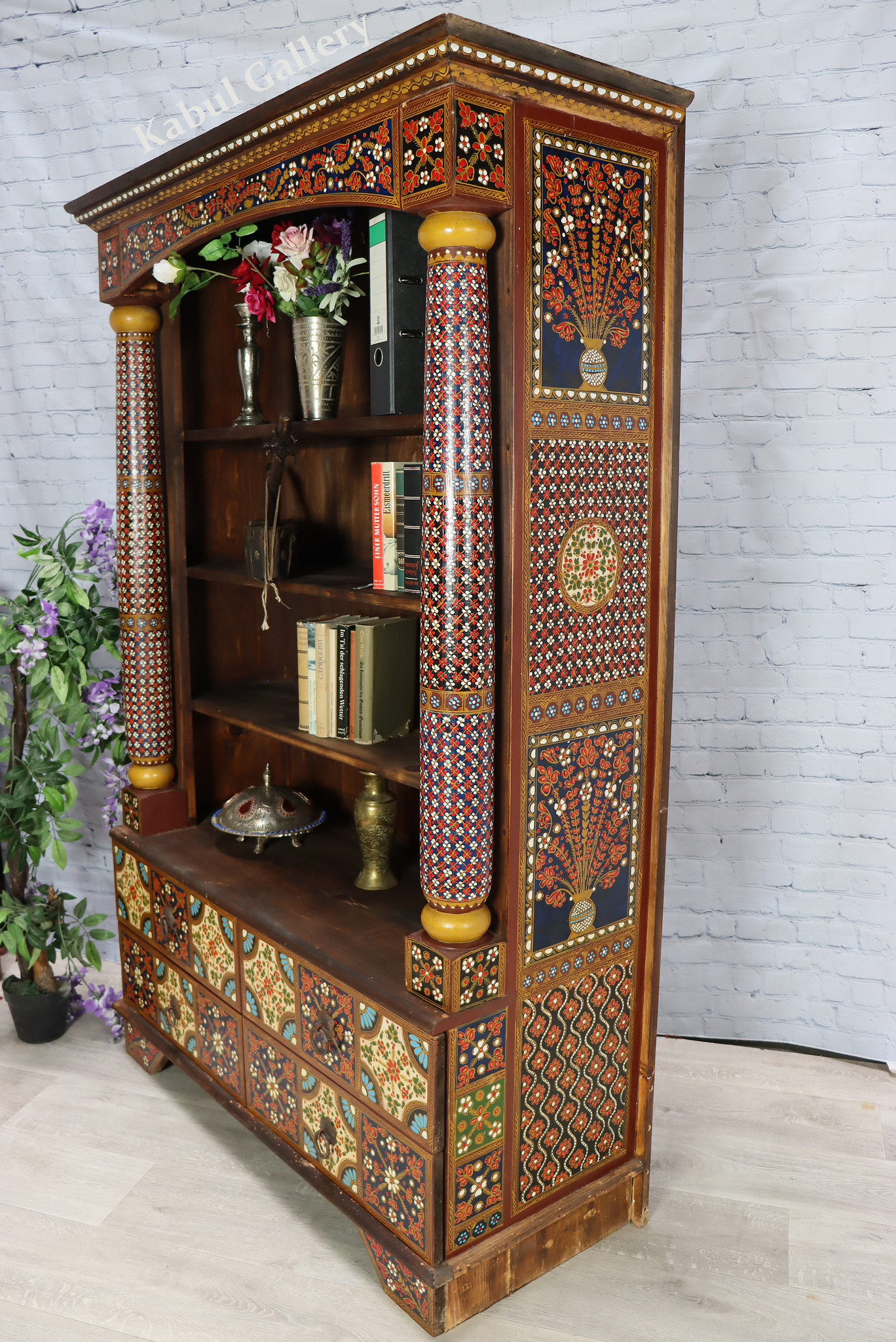 antique-look Hand Carved orient vintage wooden bookshelf shelf from Afghanistan With relief Mogul miniature painting MGL