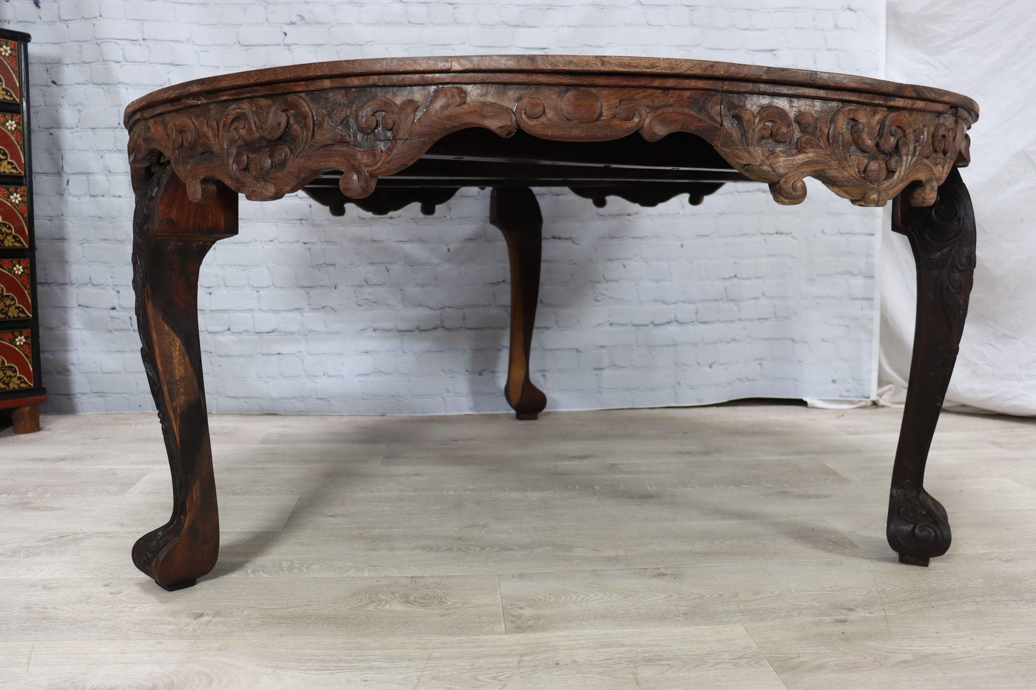 59 inch antique orient colonial solid wood hand-carved Indian Anglo round table inlaid dining table  19th century - RUND