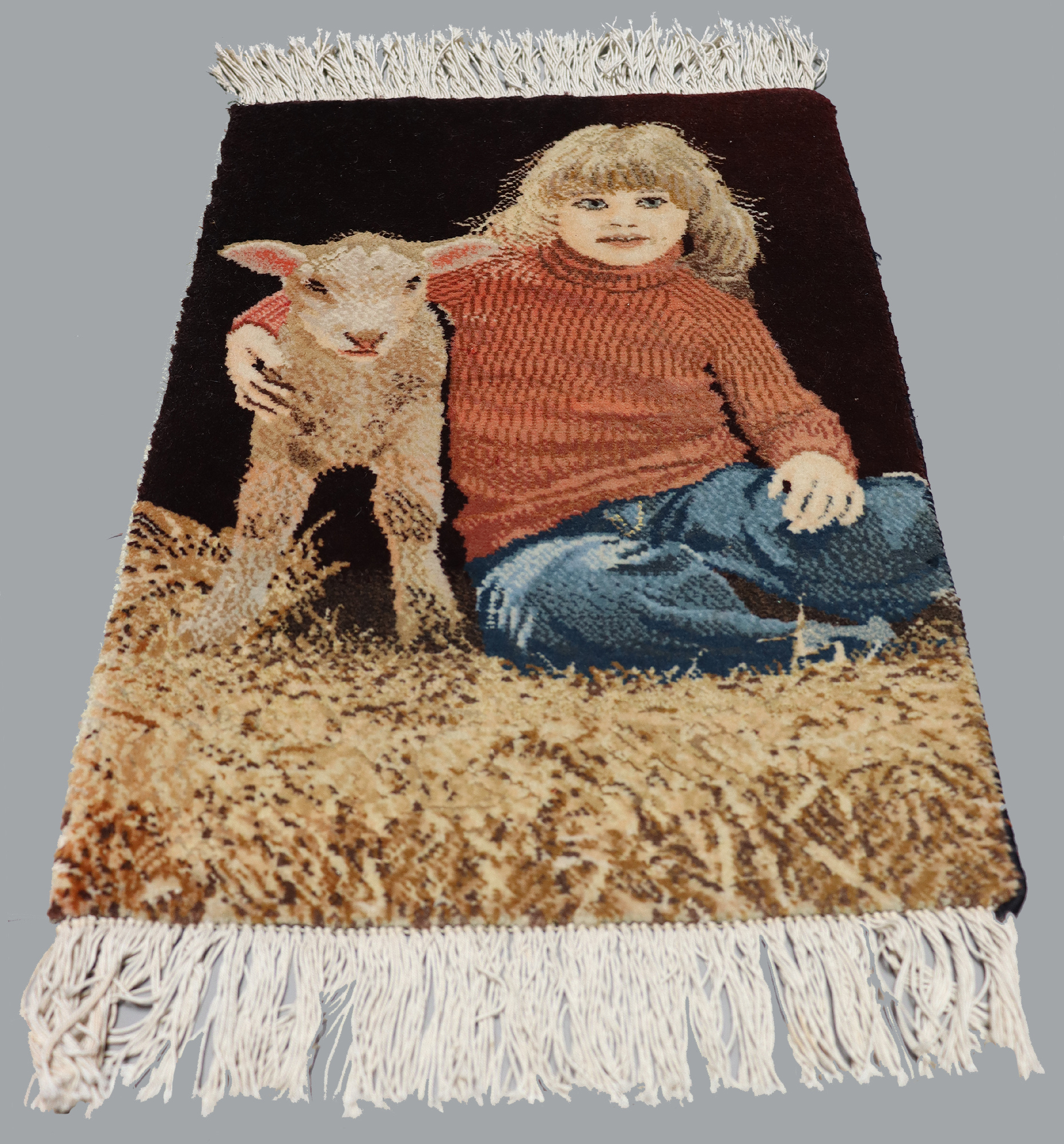 48x34 cm hand-knotted oriental carpet picture carpet tapestry girl with sheep