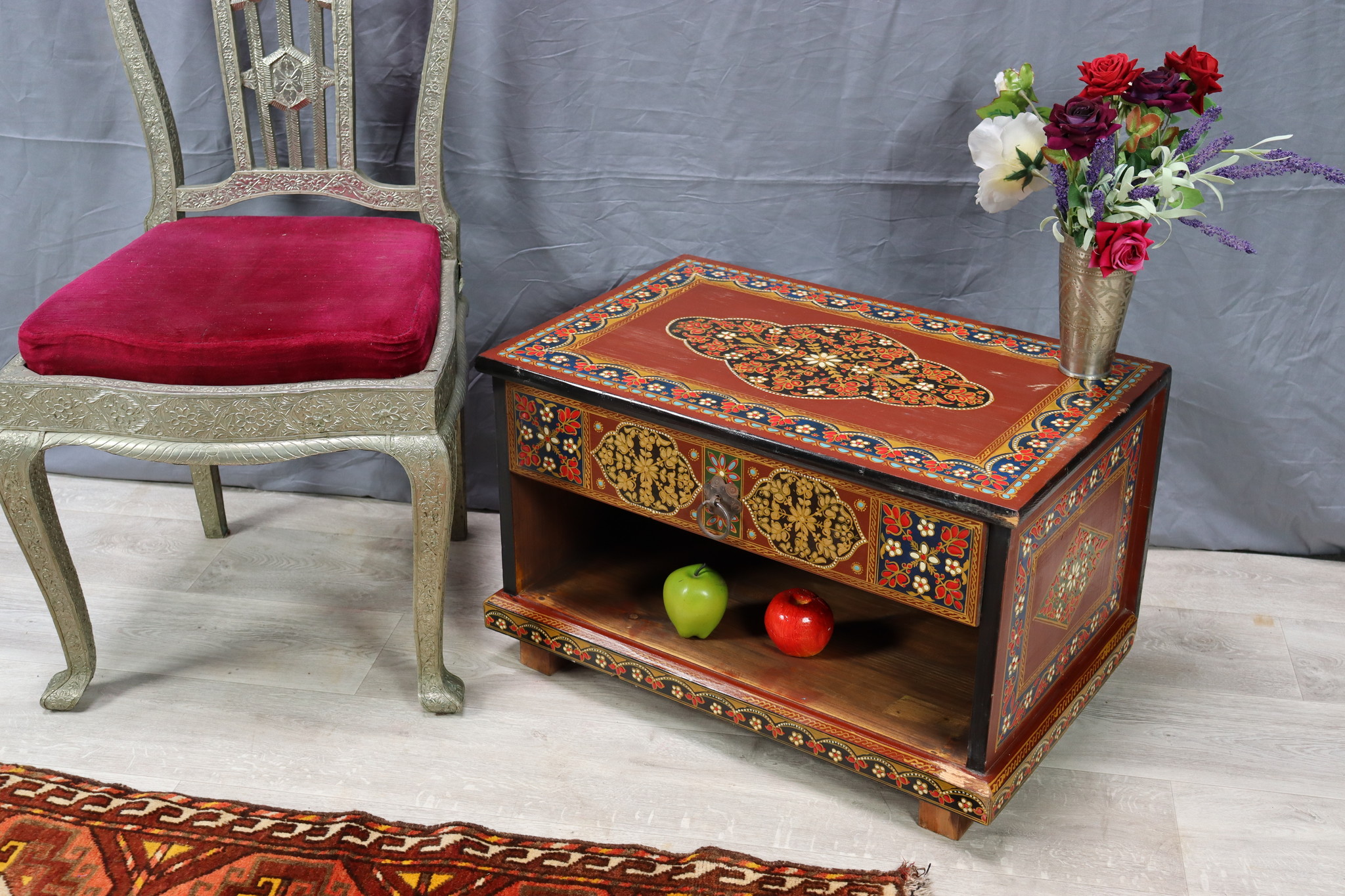 orient vintage wooden Bohemian hand painted cupboard table cabinet Dresser With relief Mogul miniature painting from Afghanistan 22/B