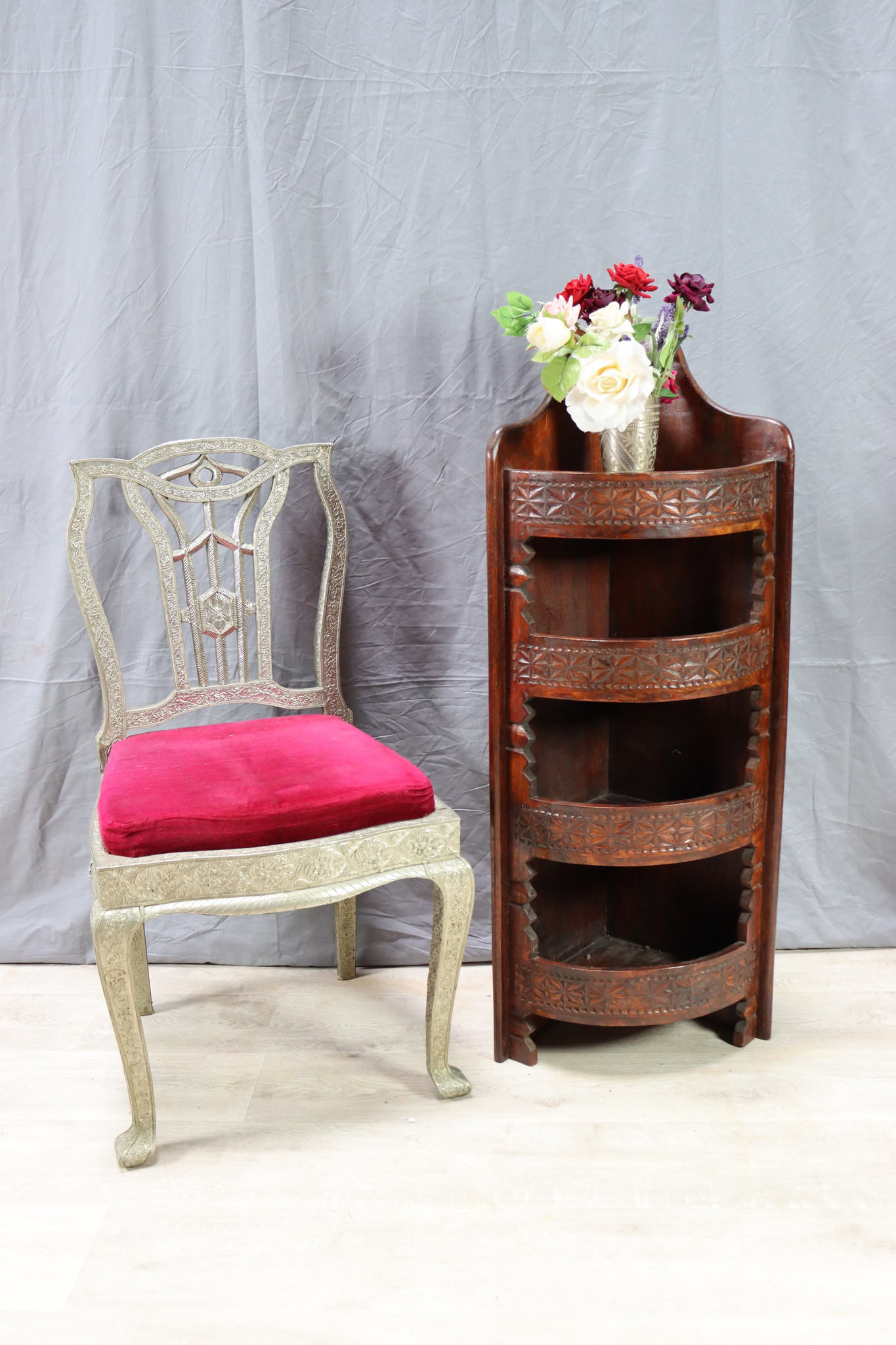 antique Hand Carved orient vintage wooden  corner shelf cabinet