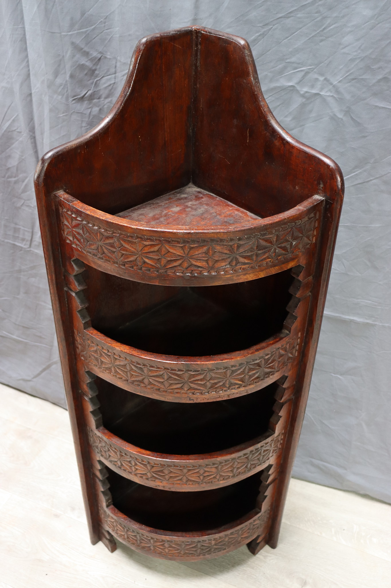 antique Hand Carved orient vintage wooden  corner shelf cabinet