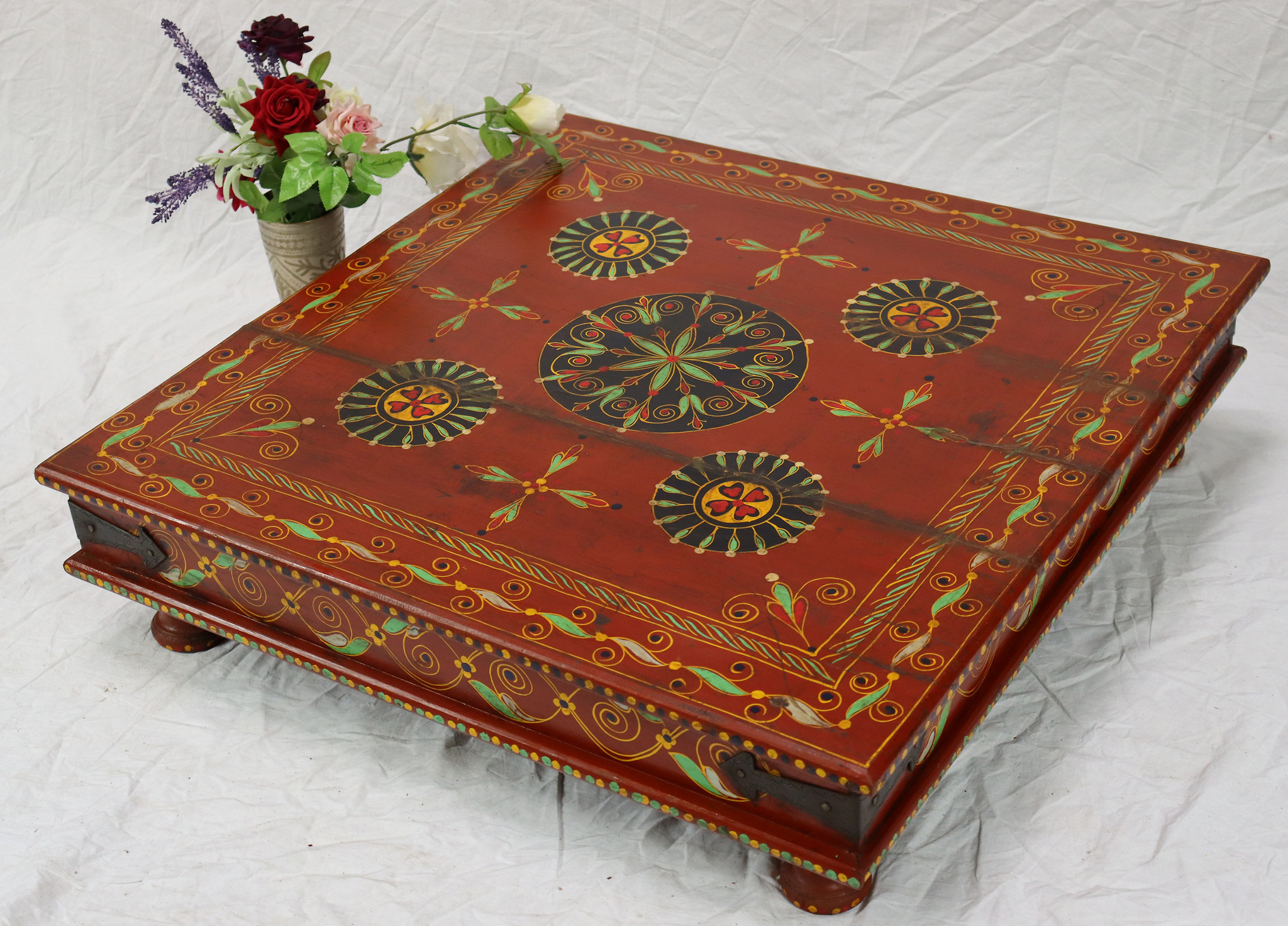 80x80 cm Orient Vintage handbemalter niedriger Teetisch beistelltisch aus Afghanistan 22/E