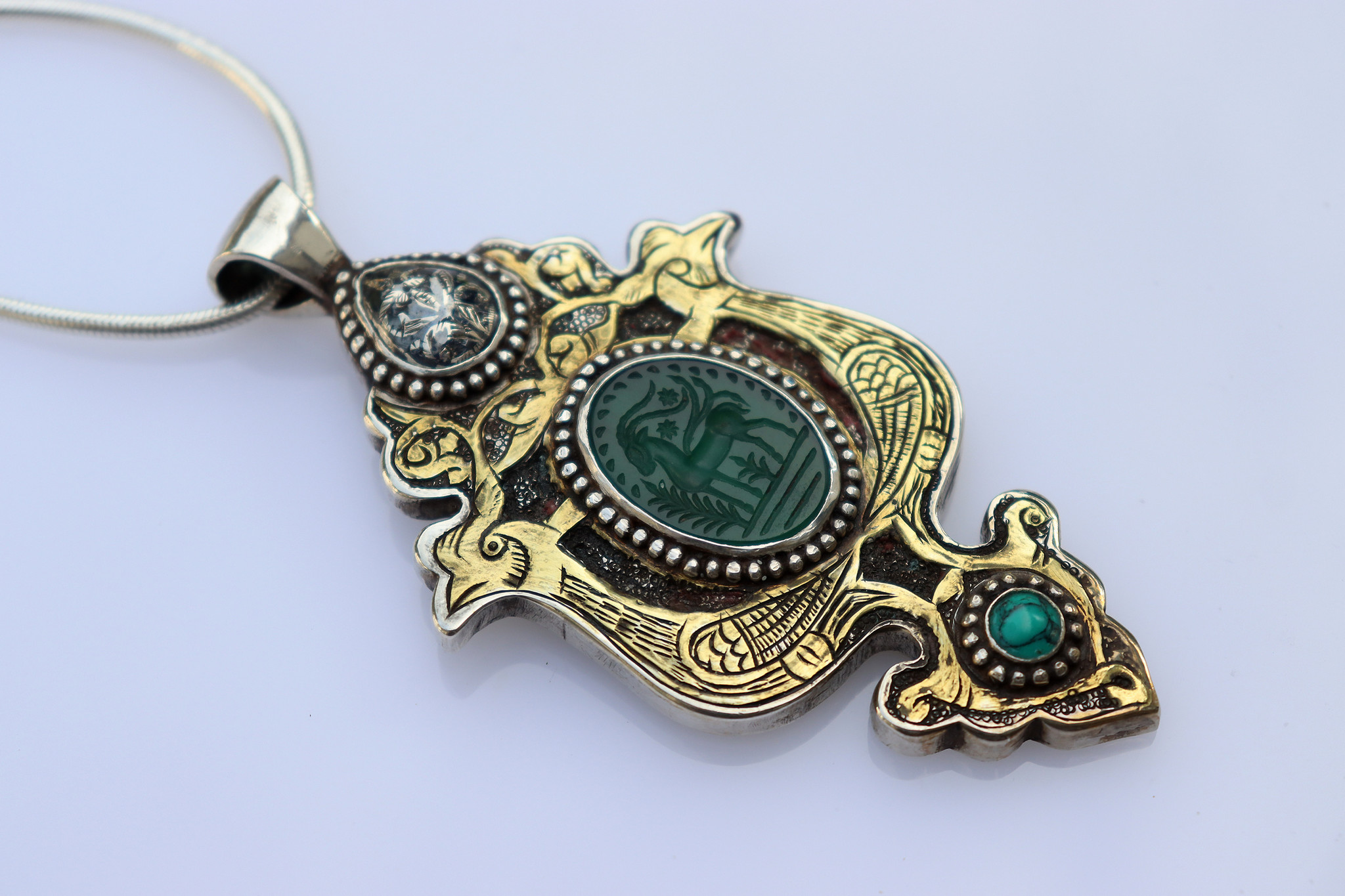 handmade vintage Afghan silver Jade Necklaces & Pendants withe snake chain Turkmen Afghanistan No-22/WL4