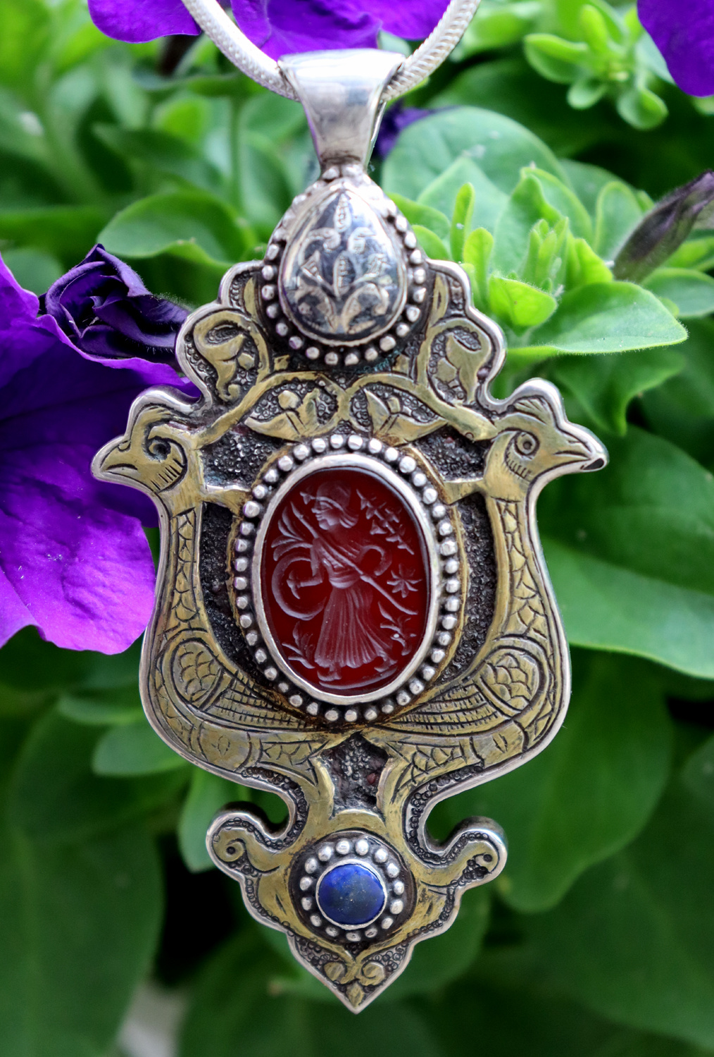 Massiv Silber Turkmen feuer vergoldet Karneol Siegelstein Haslkette mit Anhänger aus Afghanistan Nr-22/WL 6