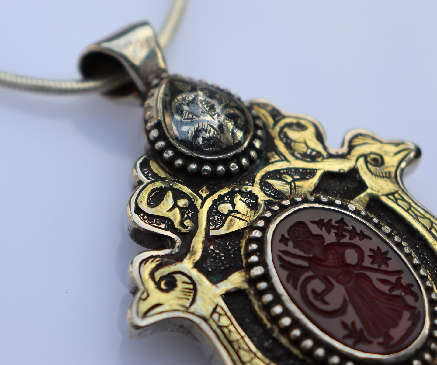 Massiv Silber Turkmen feuer vergoldet Karneol Siegelstein Haslkette mit Anhänger aus Afghanistan Nr-22/WL 6