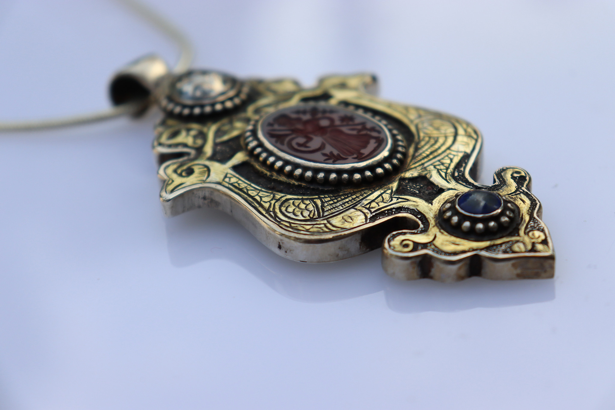 Massiv Silber Turkmen feuer vergoldet Karneol Siegelstein Haslkette mit Anhänger aus Afghanistan Nr-22/WL 6