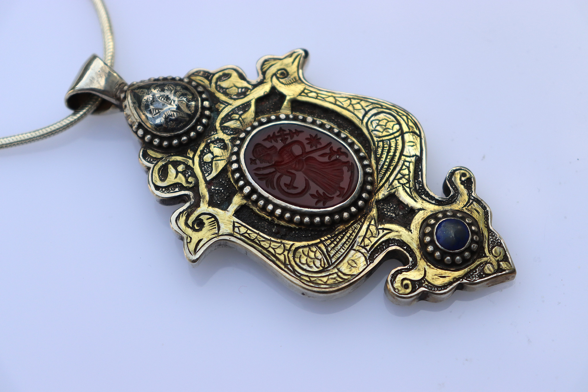 Massiv Silber Turkmen feuer vergoldet Karneol Siegelstein Haslkette mit Anhänger aus Afghanistan Nr-22/WL 6