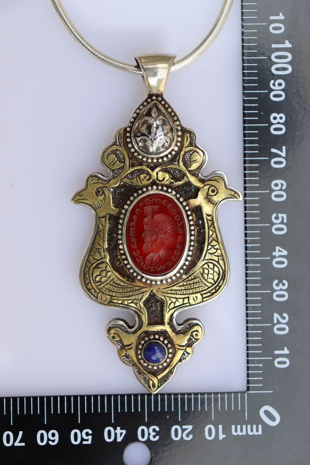 Massiv Silber Turkmen feuer vergoldet Karneol Siegelstein Haslkette mit Anhänger aus Afghanistan Nr-22/WL  -8