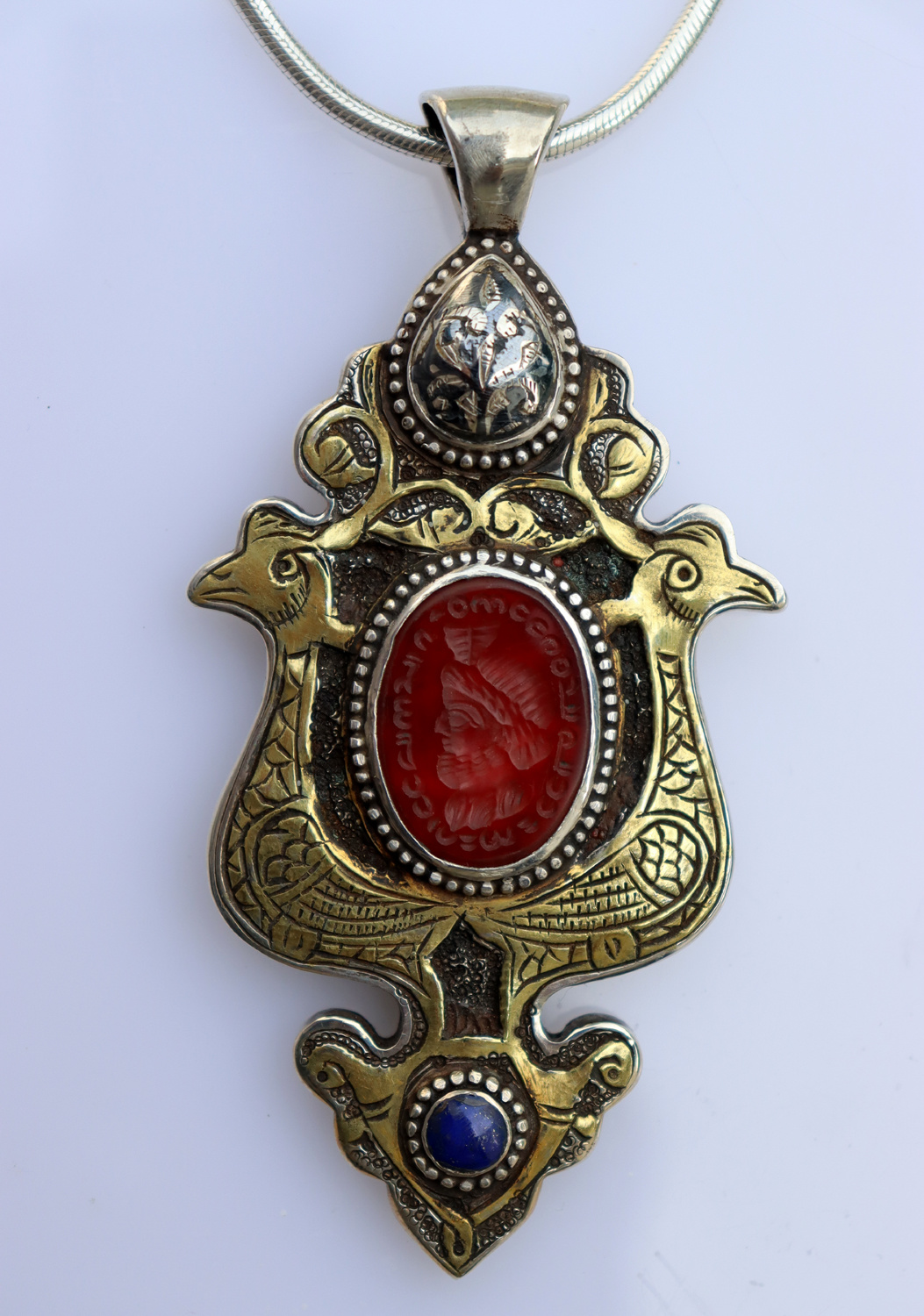 Massiv Silber Turkmen feuer vergoldet Karneol Siegelstein Haslkette mit Anhänger aus Afghanistan Nr-22/WL  -8