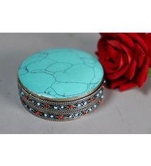 vintage Hand Crafted stunning Afghan Pillbox Box brass turquoise decorated from Afghanistan No:IT55