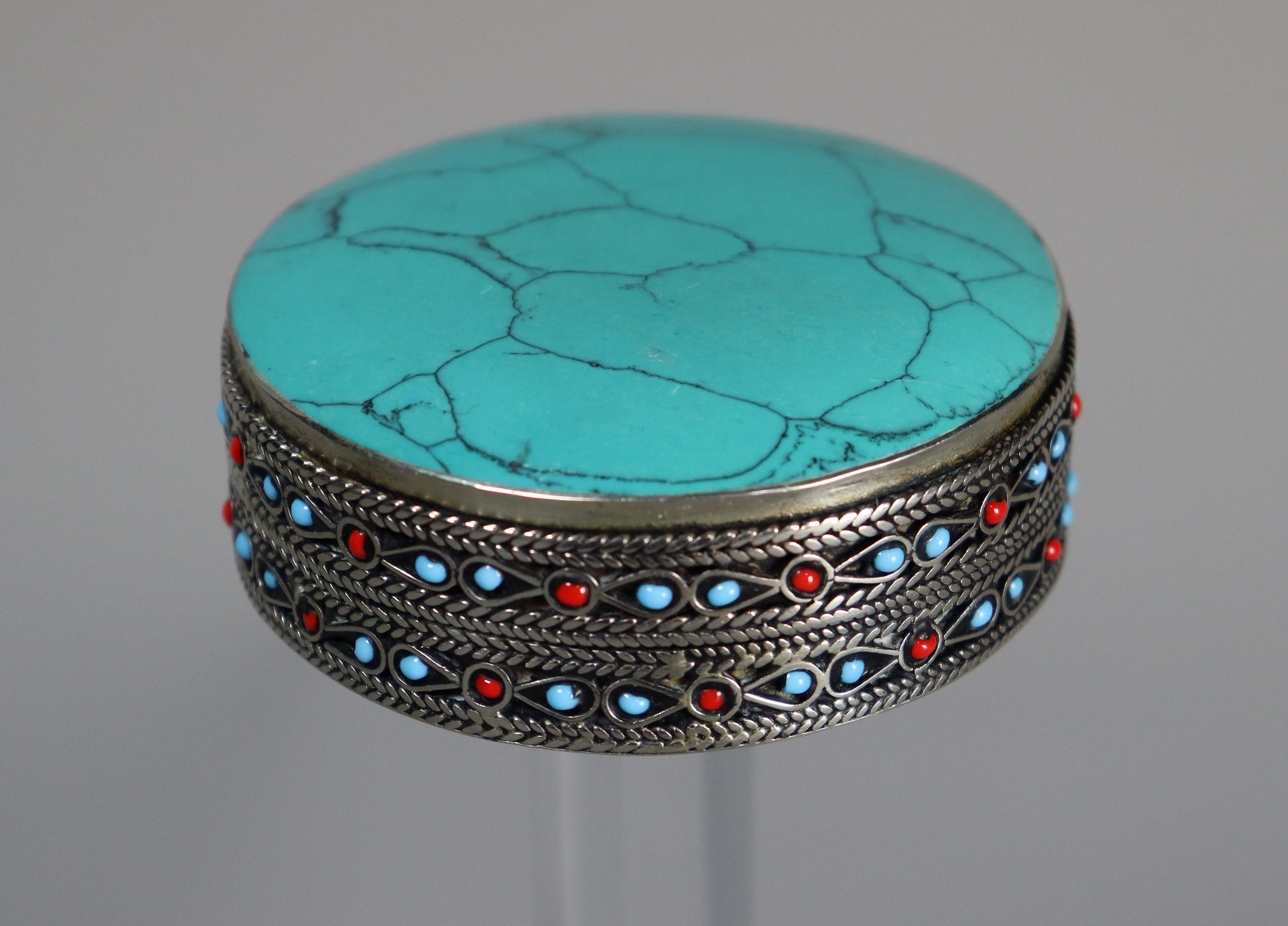 vintage Hand Crafted stunning Afghan Pillbox Box brass turquoise decorated from Afghanistan No:IT55
