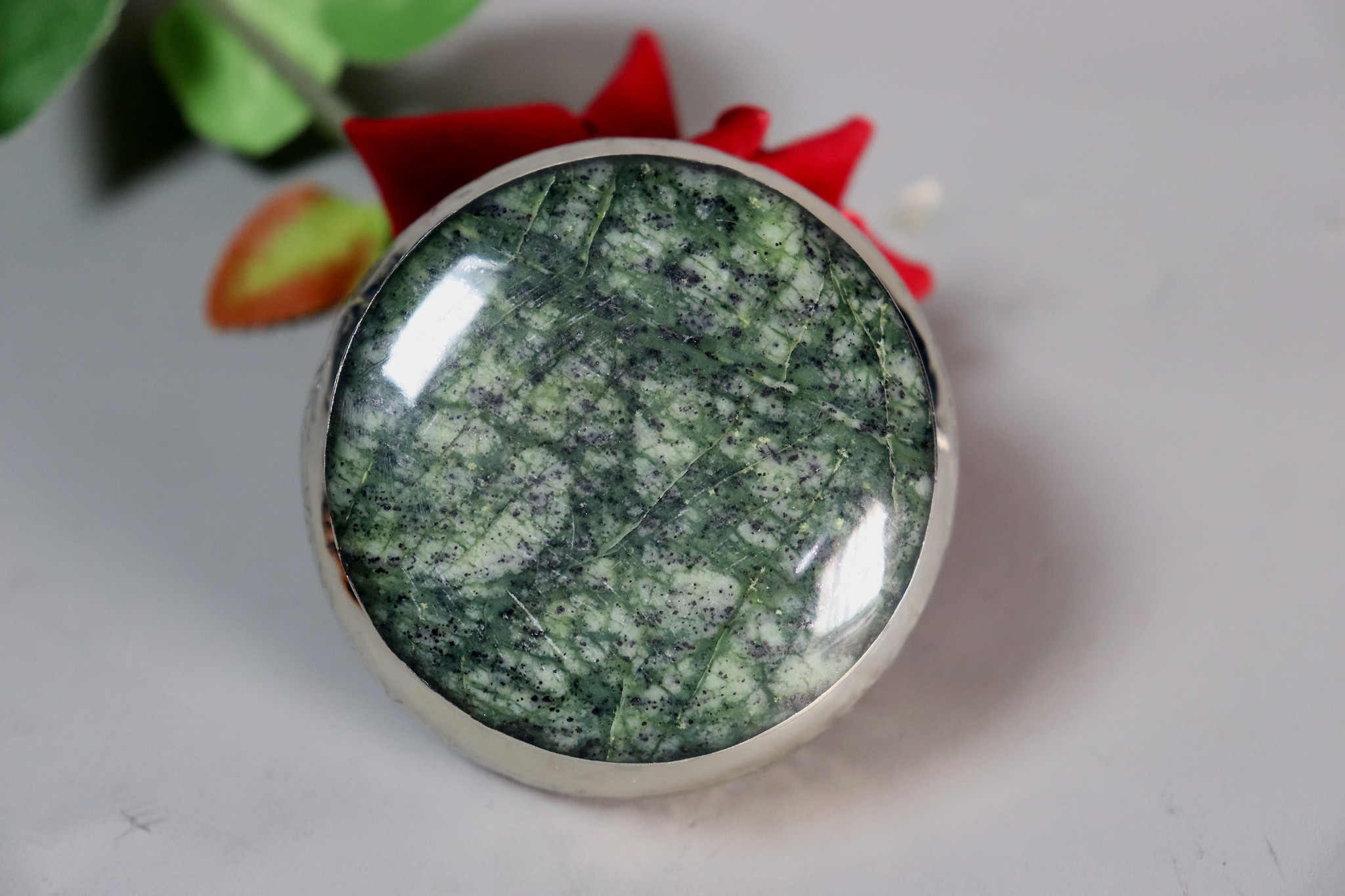 vintage Hand Crafted stunning Afghan Pillbox Box brass Green Jasper Gemstone decorated from Afghanistan No:IT49