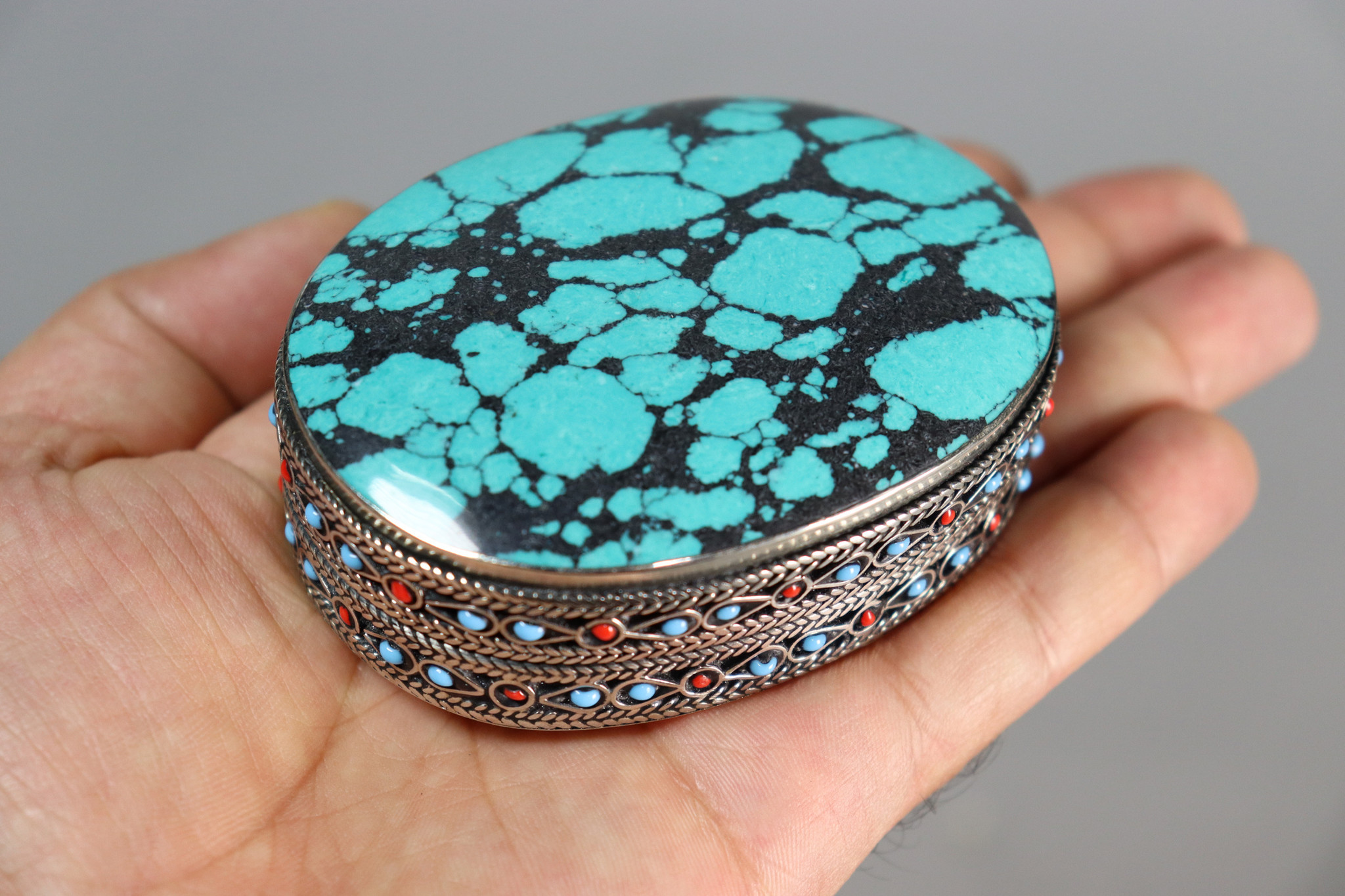 vintage Hand Crafted stunning Afghan Pillbox Box brass Turquoise Gemstone decorated from Afghanistan No:IT48