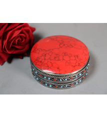 vintage Hand Crafted stunning Afghan Pillbox Box brass Cabochons oval Red Turquoise decorated from Afghanistan No:IT33