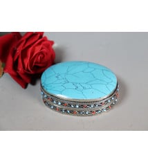 vintage Hand Crafted stunning Afghan Pillbox Box brass Turquoise Gemstone decorated from Afghanistan No:IT52