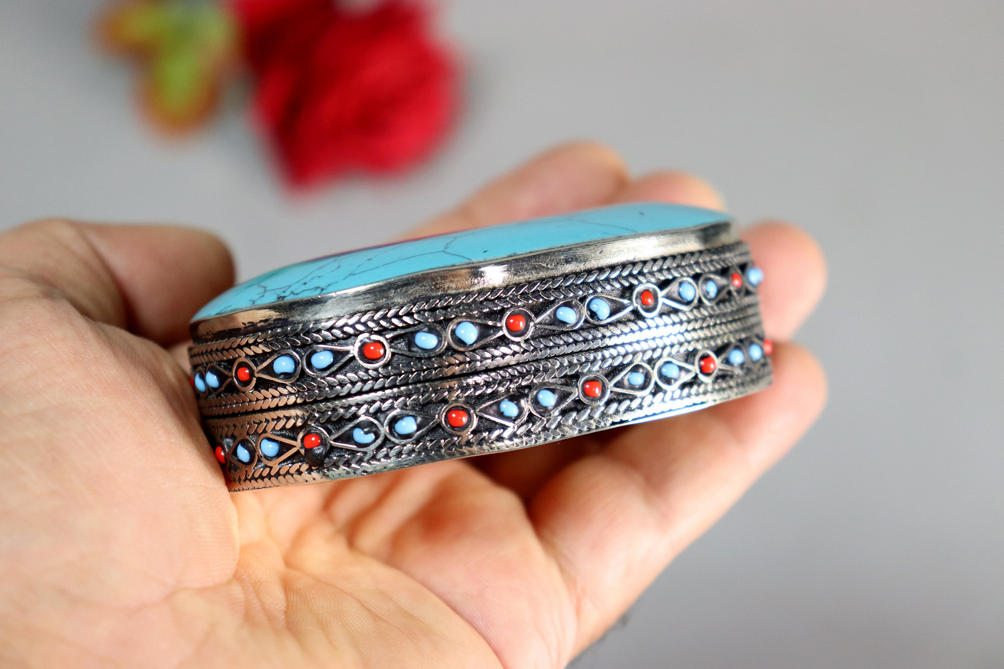 vintage Hand Crafted stunning Afghan Pillbox Box brass Turquoise Gemstone decorated from Afghanistan No:IT52