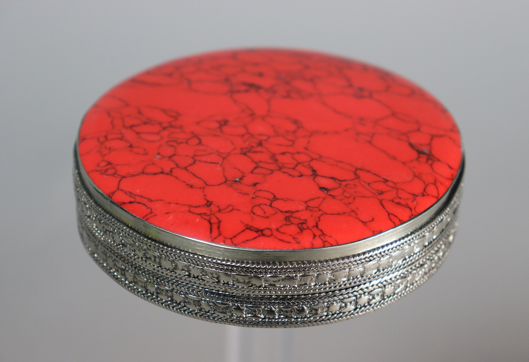 vintage Hand Crafted stunning Afghan Pillbox Box brass Cabochons Red Turquoise decorated from Afghanistan No:IT34