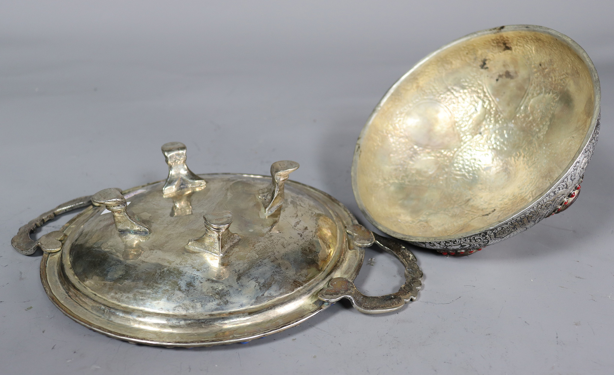 Extravagant handmade  oriental nickel silver entree dishes Bowl Tureen With Lid And Handles from Afghanistan No:K