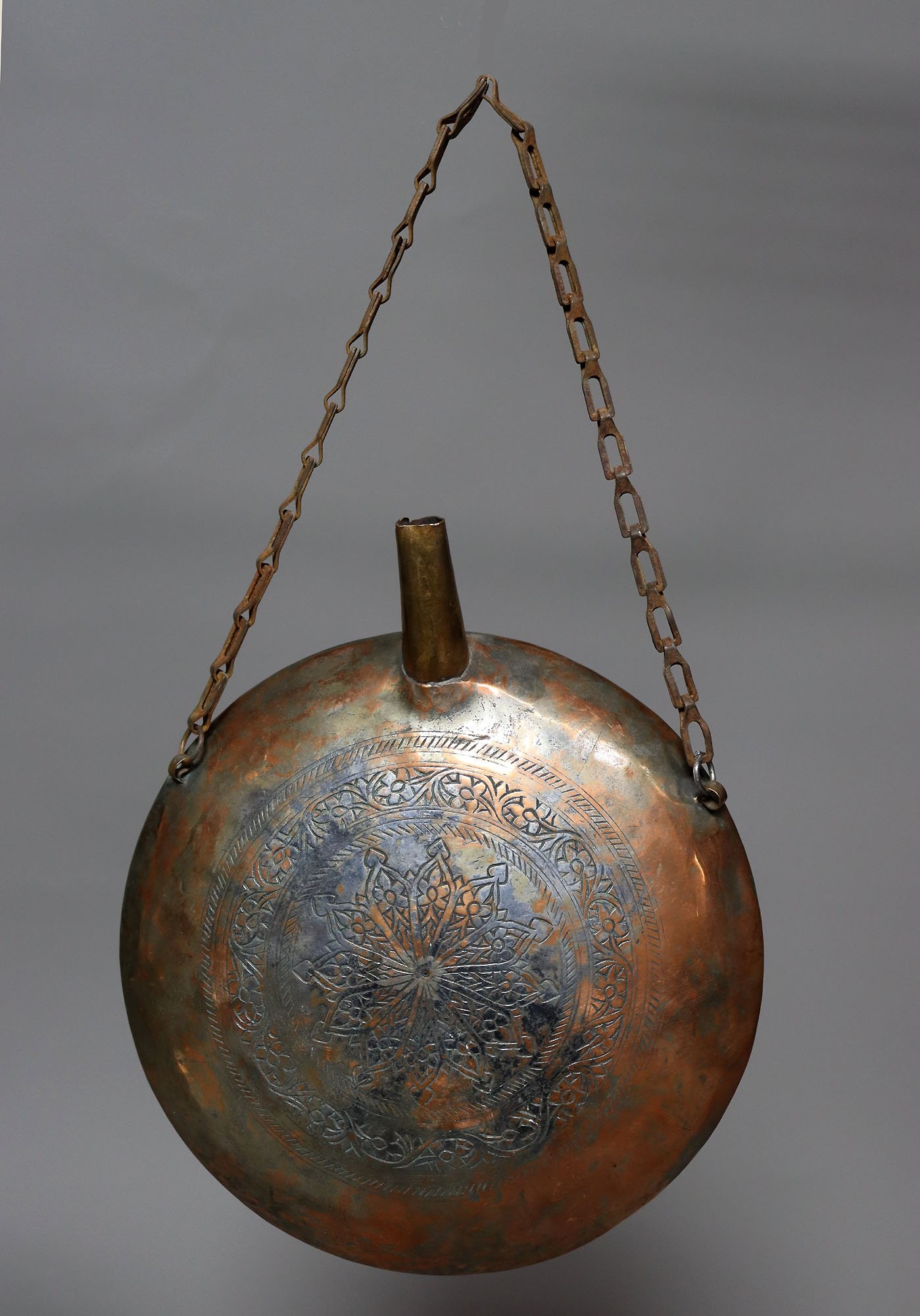 Antique  islamic Middle Eastern Tinned Copper  Engraved  water bottle  Canteen Powder Flask  No: 22/ 19