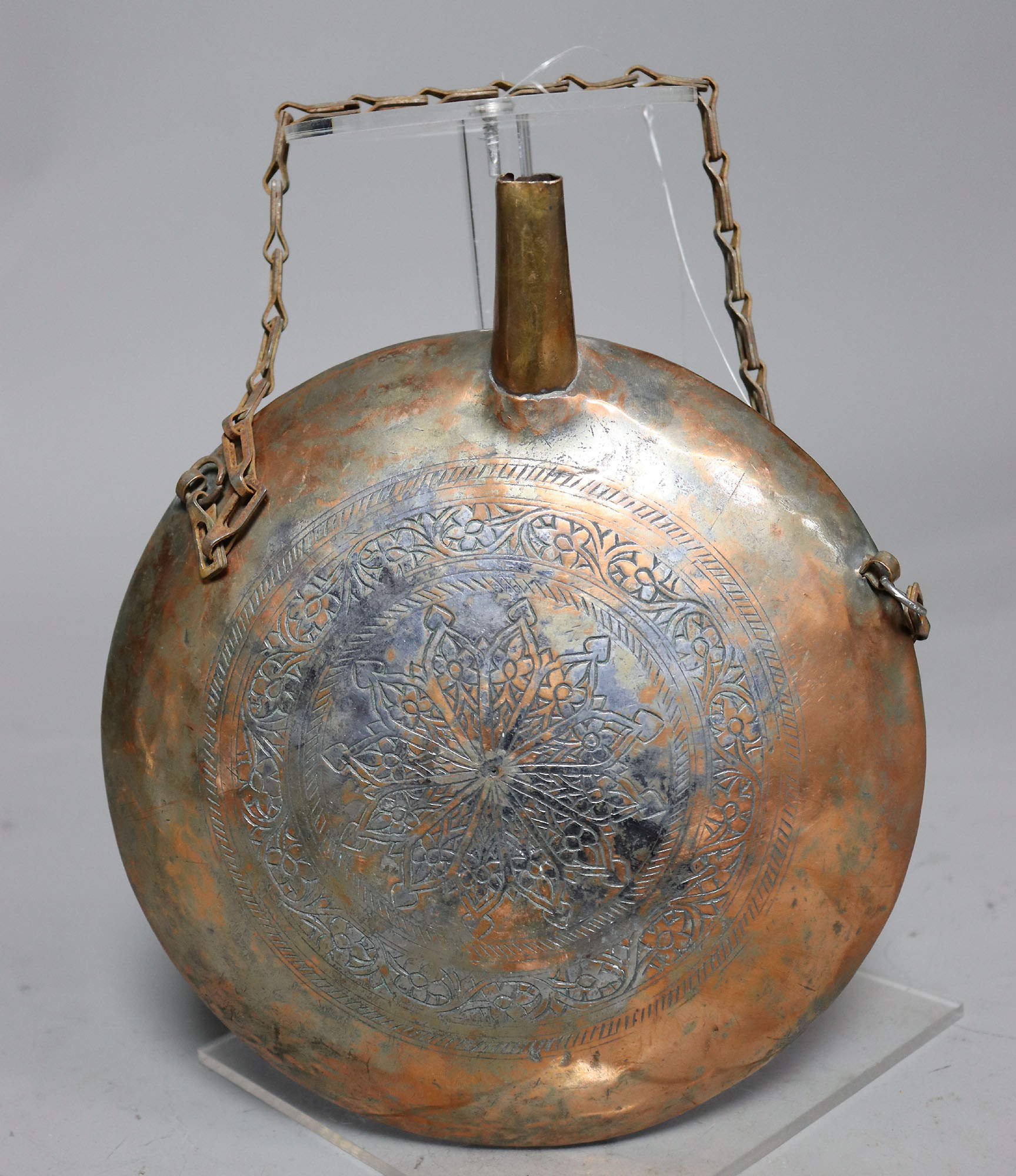 Antique  islamic Middle Eastern Tinned Copper  Engraved  water bottle  Canteen Powder Flask  No: 22/ 19