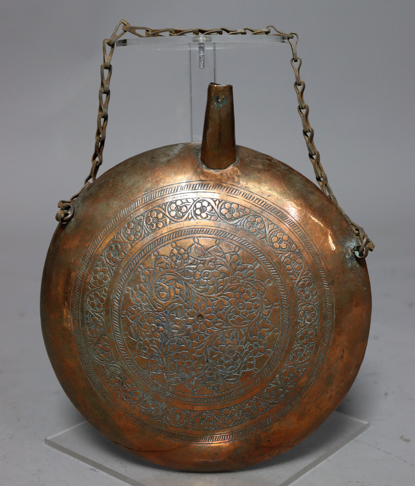 Antique  islamic Middle Eastern Tinned Copper  Engraved  water bottle  Canteen Powder Flask  No: 22/ 20