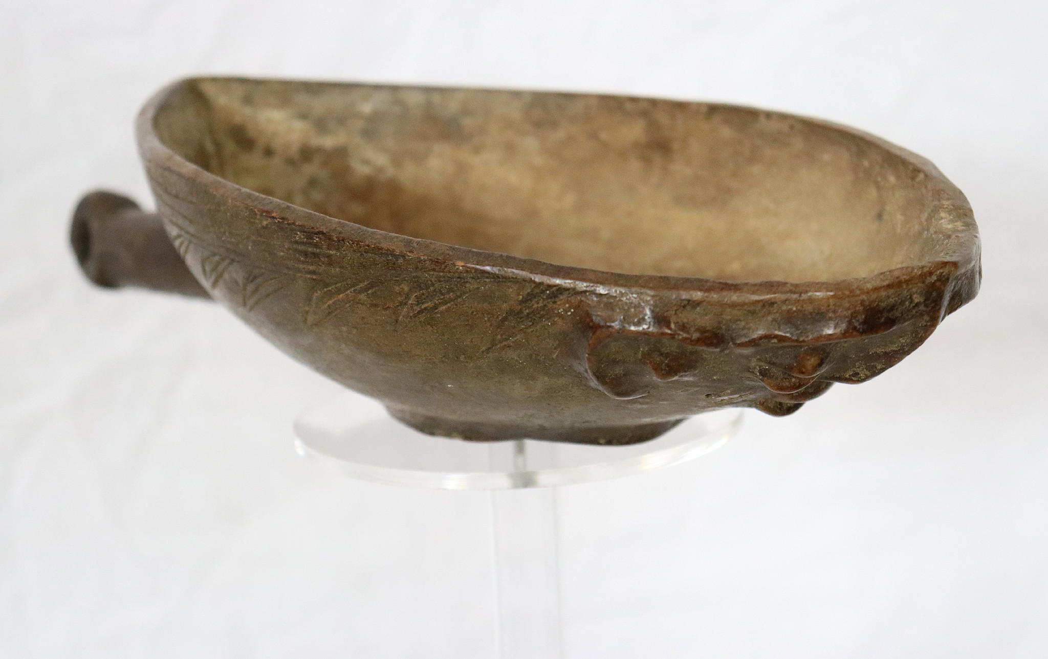 Antique wooden IfugaoI Carved Wooden Ritual Kinahu bowl with Handle from Province Luzon Philippines 19th/ 20thC a beautiful rich patina No/B