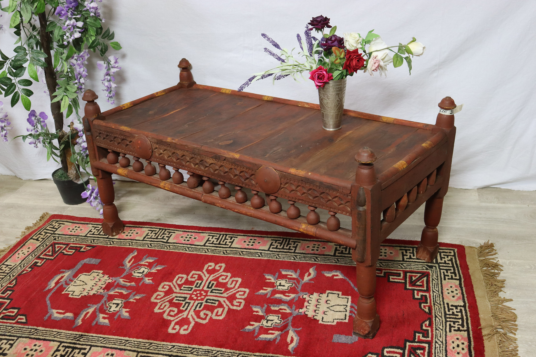 115x54 cm Antik Massivholz verzierte orient Teetisch beisteltisch Tisch couchtisch Wohnzimmertisch aus  Punjab Pakistan Nr-22/1